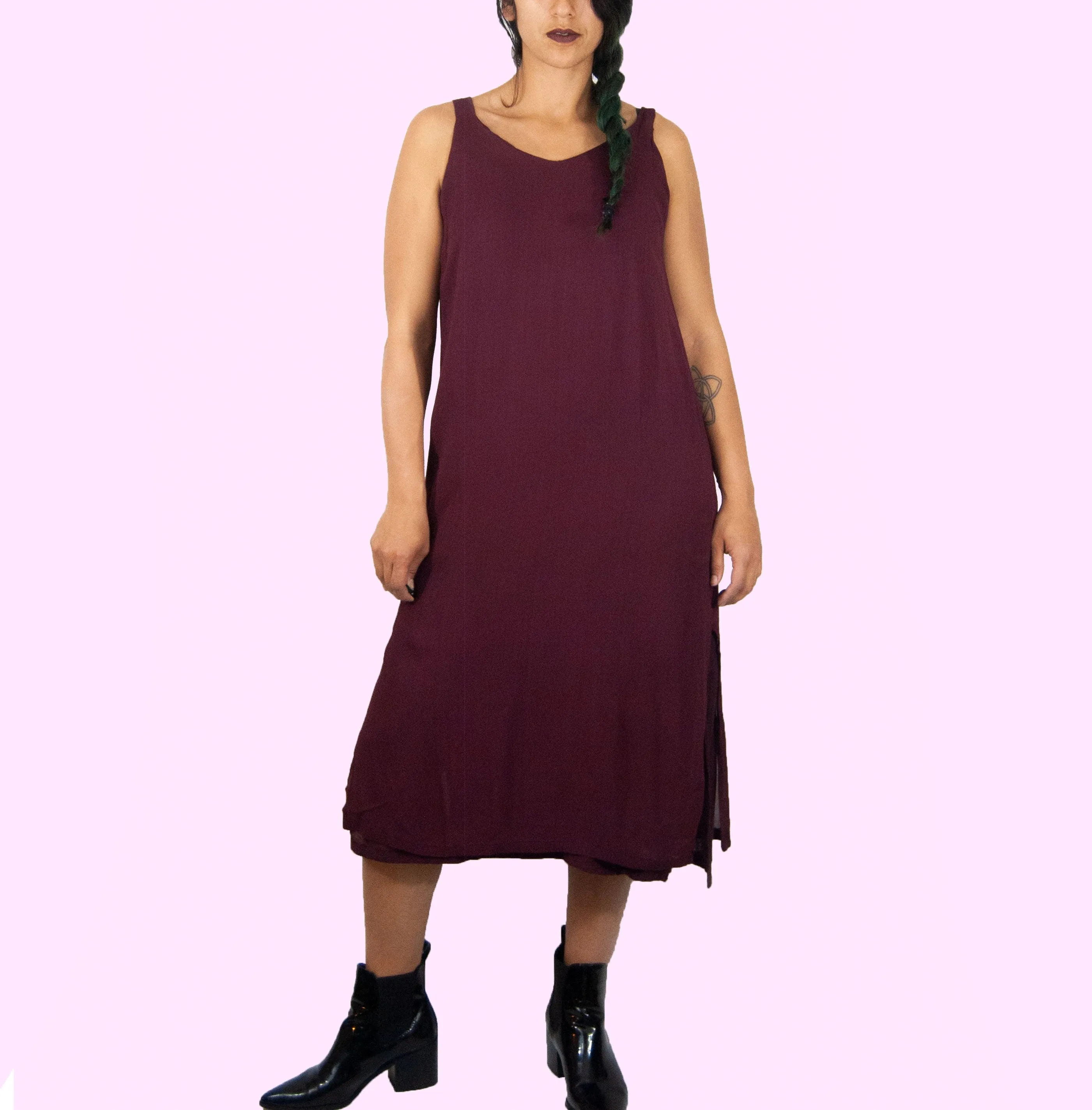 00's Sleeveless V-Neck Maroon Midi Dress by Sterling Styles