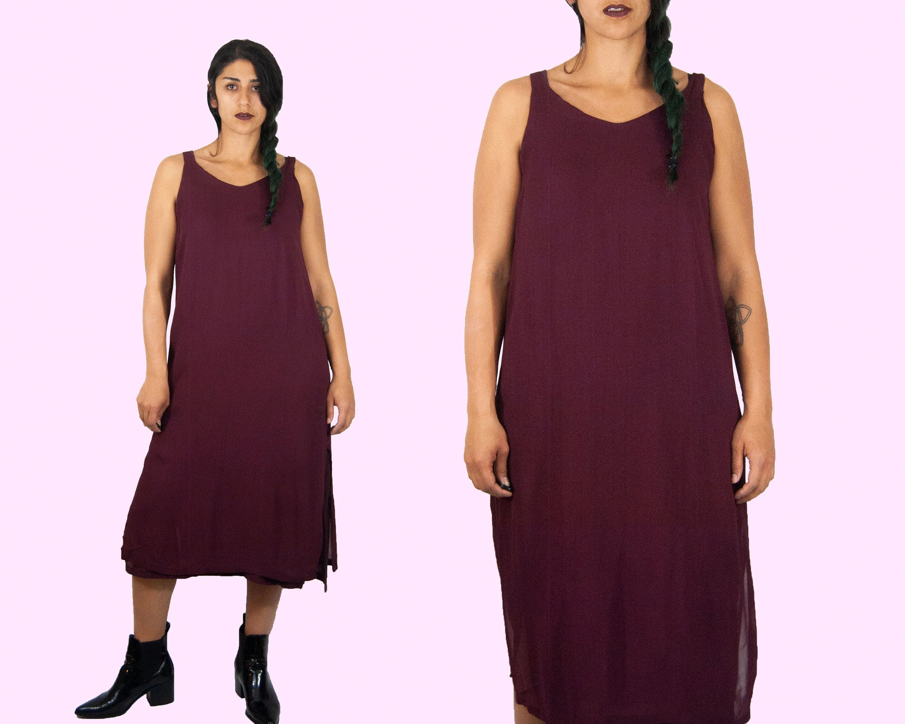 00's Sleeveless V-Neck Maroon Midi Dress by Sterling Styles