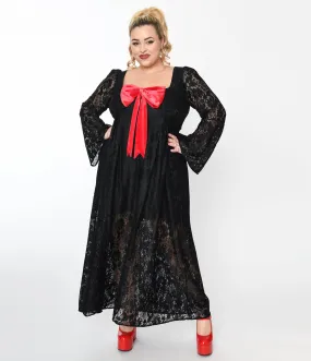 1970s Black Lace & Interchangeable Bow Priscilla Maxi Dress