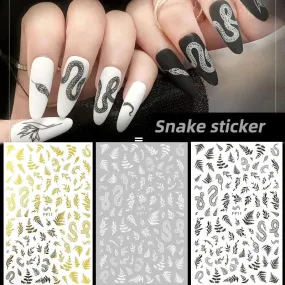 3D nail decals New 3D Black White Snake Leaf Nail Stickers for Nails Art Decoration Supplies Goth Rock Design Manicure Inspired Decals Sliders