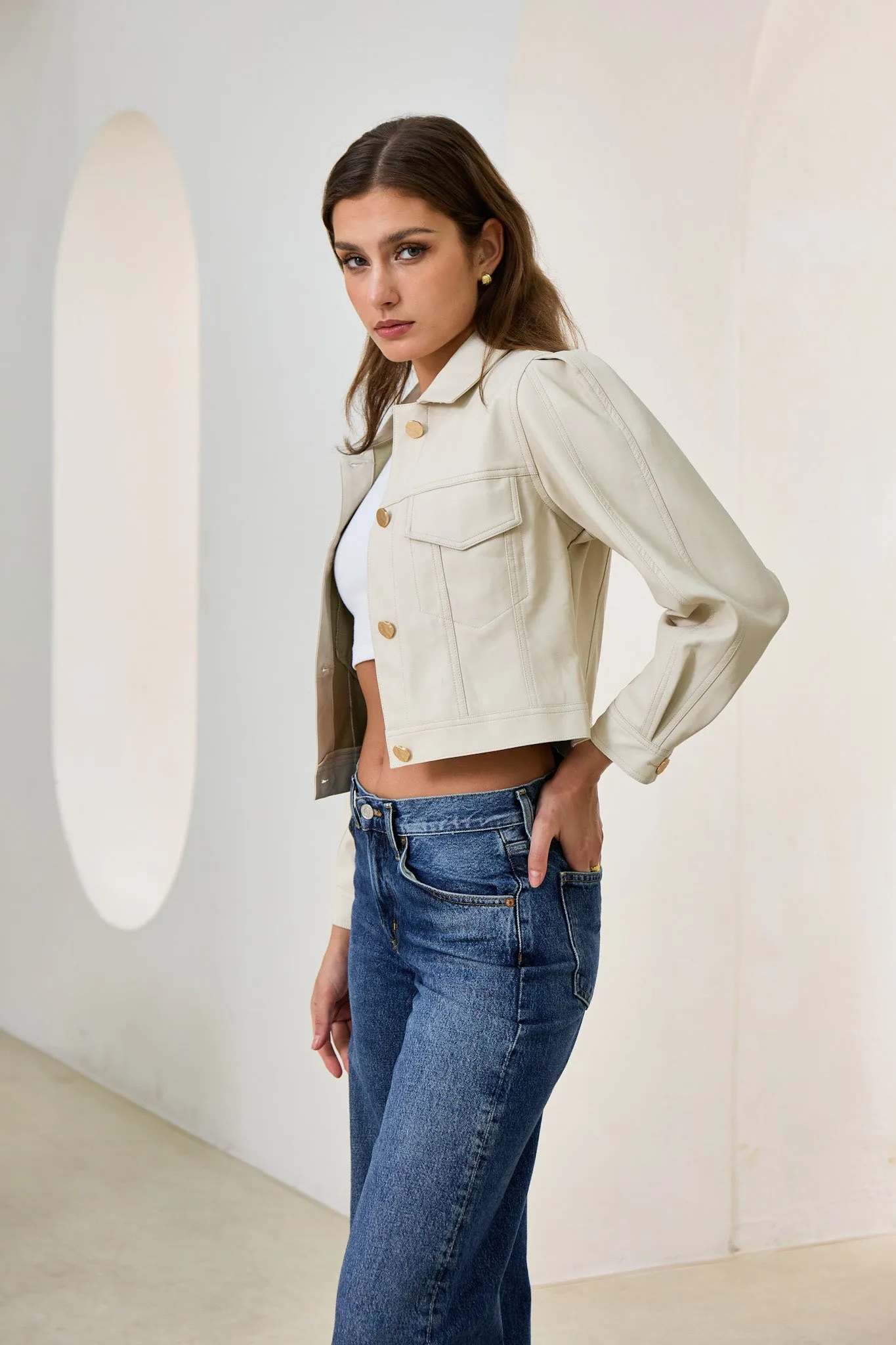 Aston Beige Cropped Faux Leather Jacket