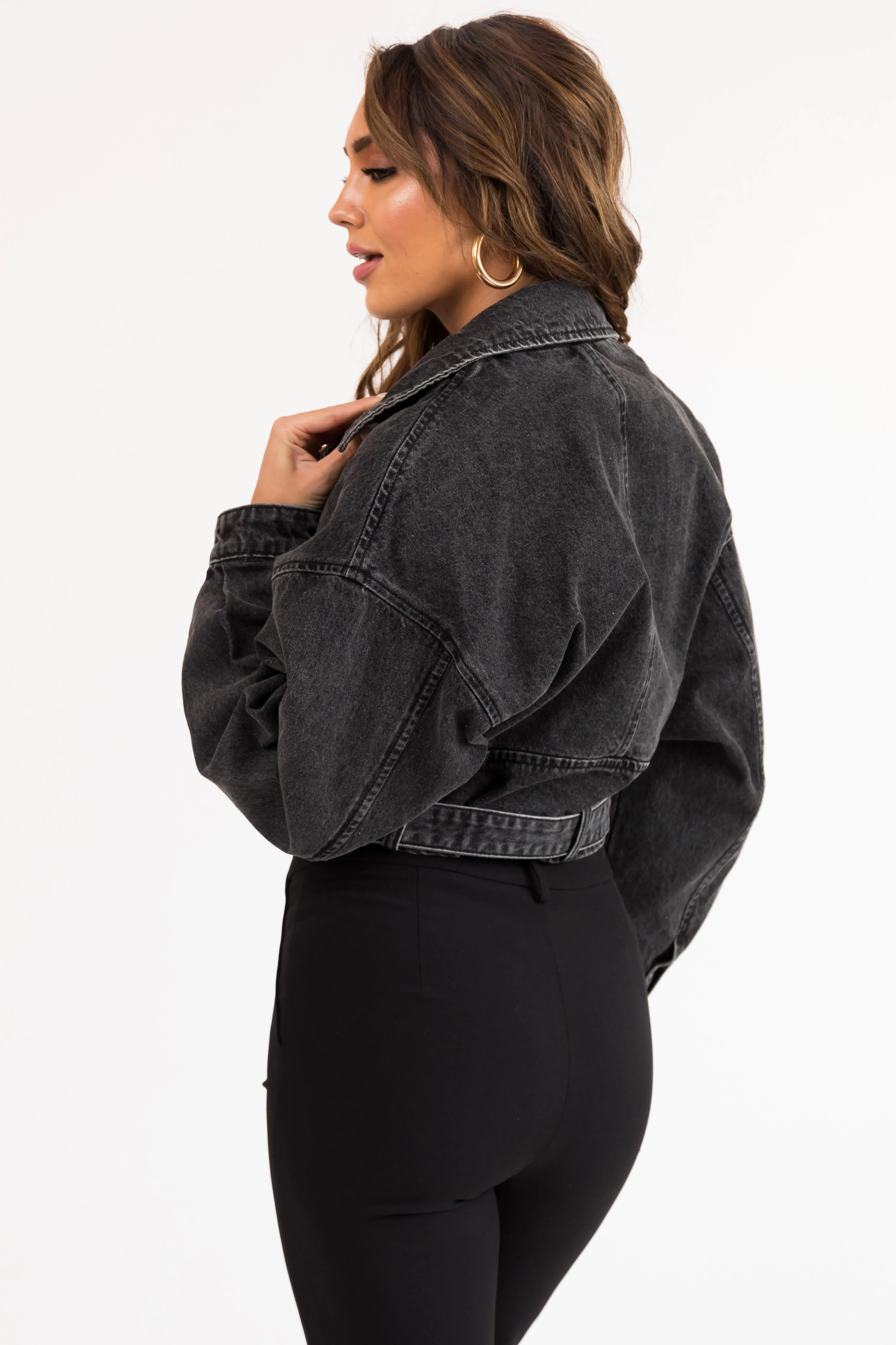 Black Off Center Zip Up Crop Jacket with Belt