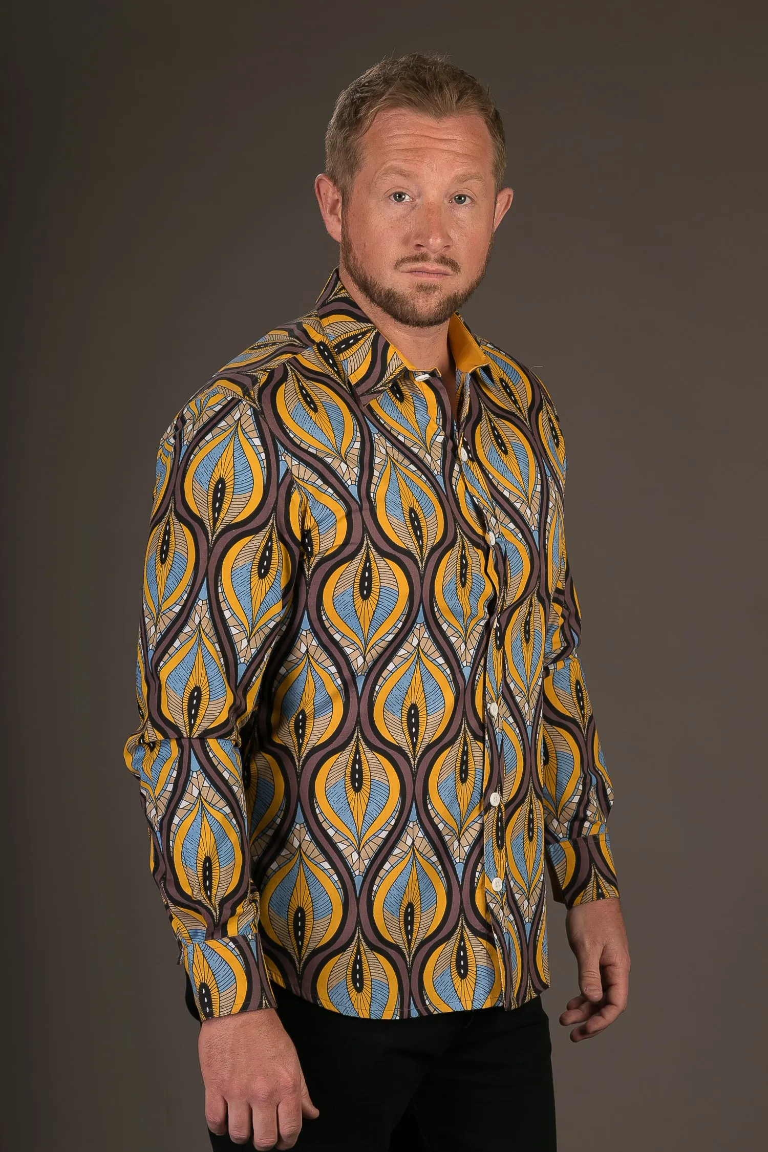 Blue Yellow Brown Print Cotton Slim and Regular Fit Mens Shirt Long Sleeve