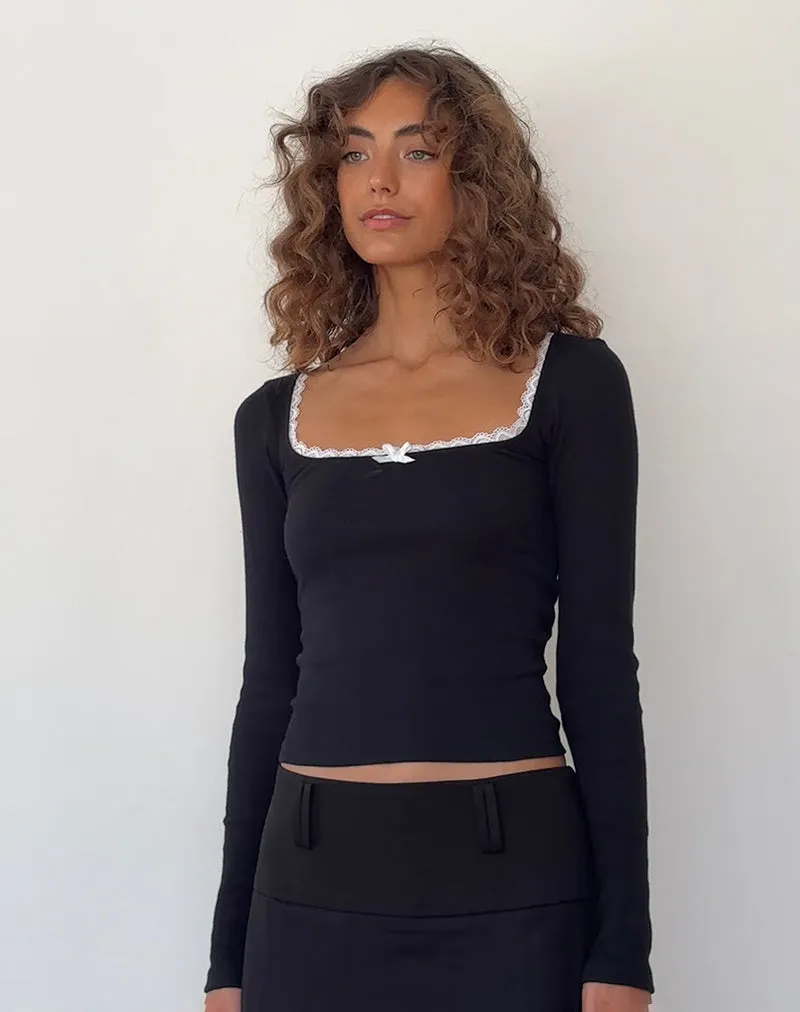 Bovita Long Sleeve Top in Black with Off White Trim