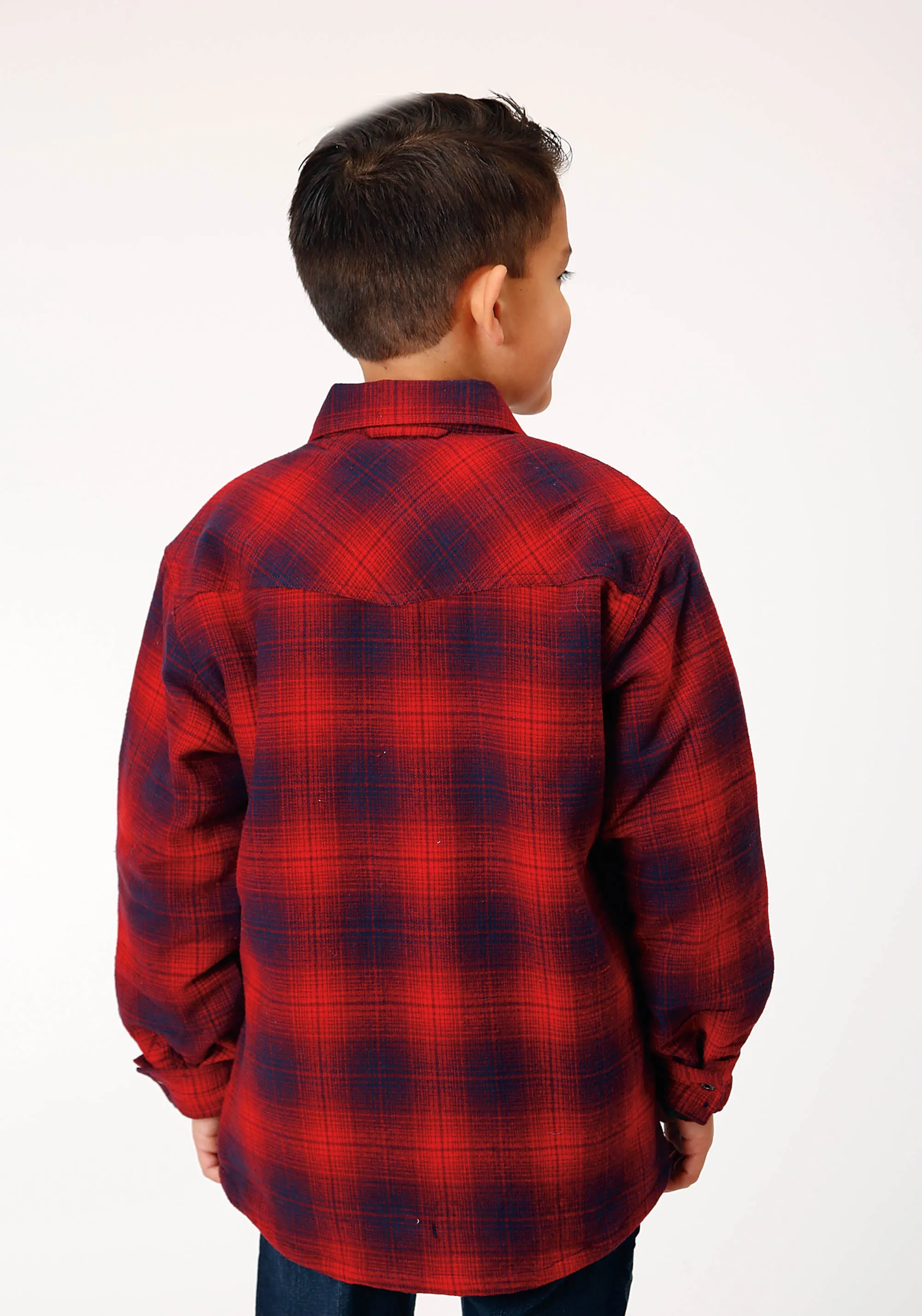 BOYS LONG SLEEVE SNAP CRANBERRY PLAID WESTERN SHIRT JACKET