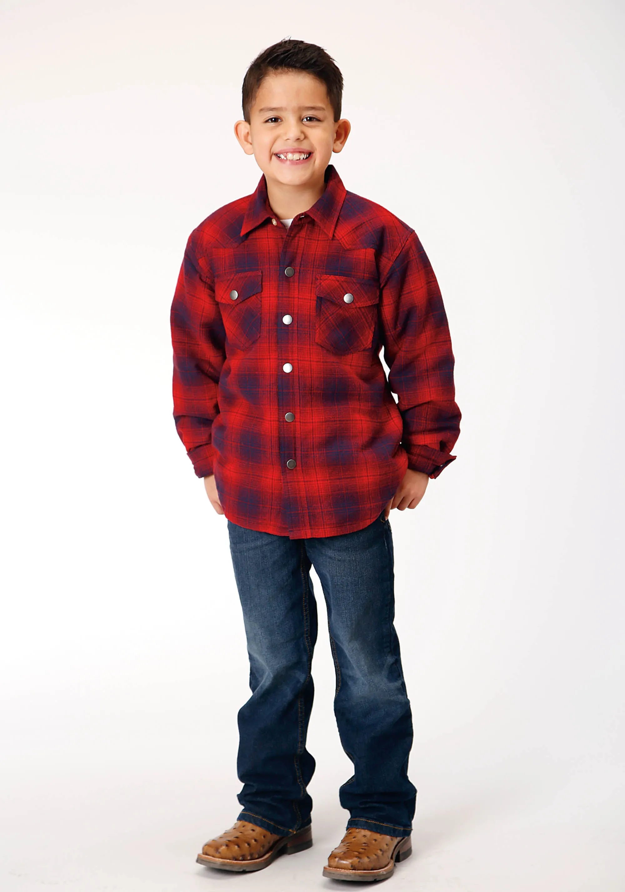 BOYS LONG SLEEVE SNAP CRANBERRY PLAID WESTERN SHIRT JACKET