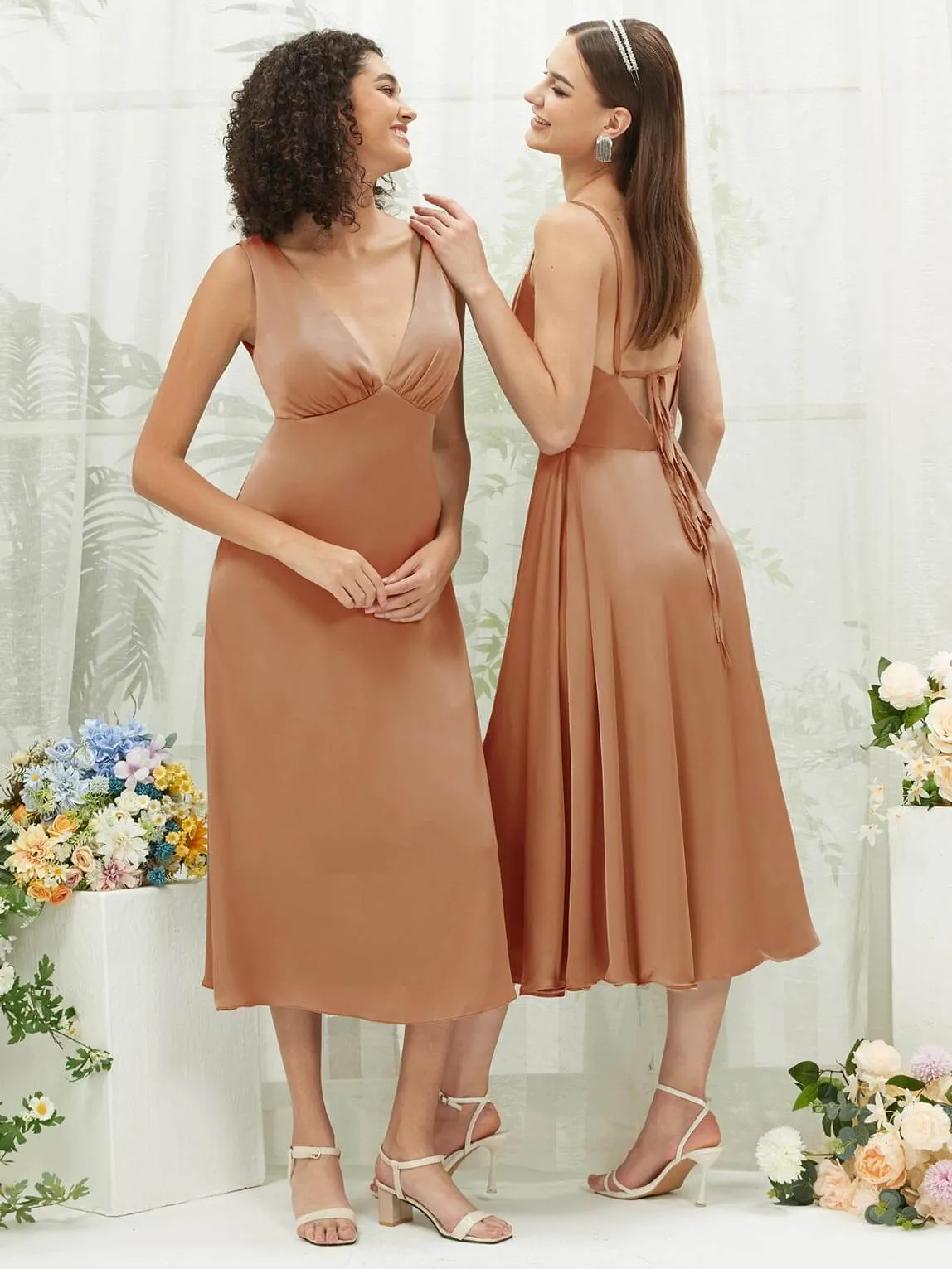 Bronzer Silk Satin Cowl Neck Spaghetti Straps Button Slit Bridesmaid Dresses