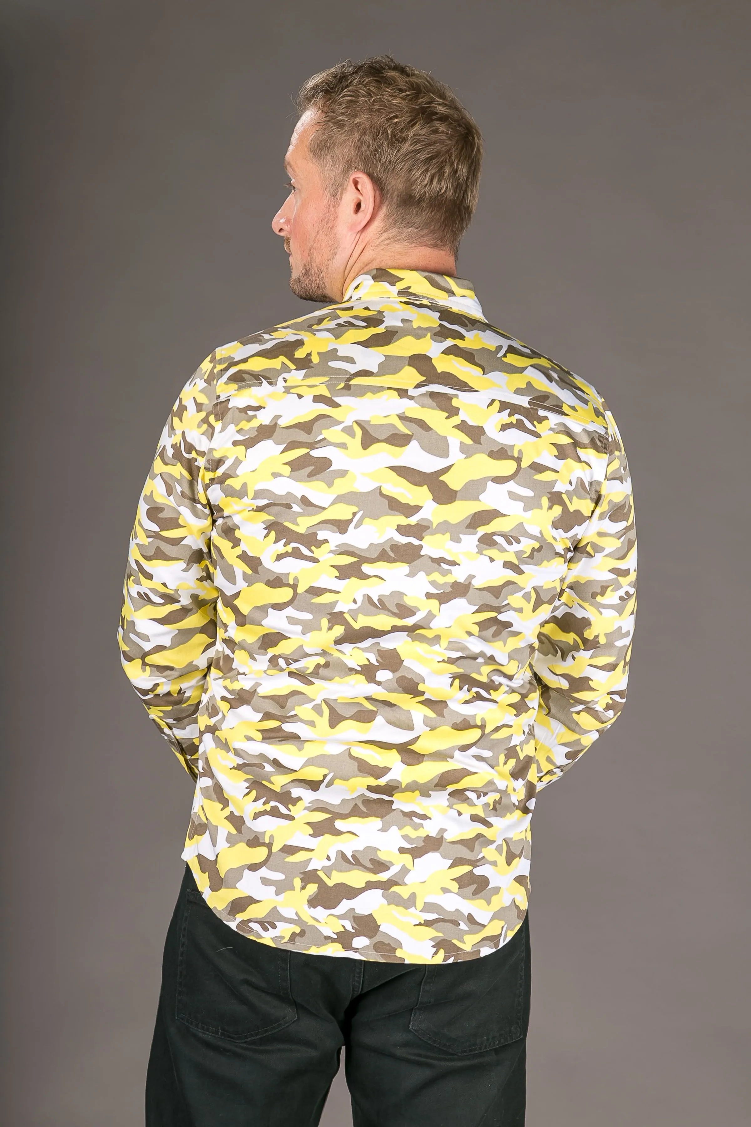 Camouflage Yellow Print Cotton Slim Fit Mens Shirt Long Sleeve