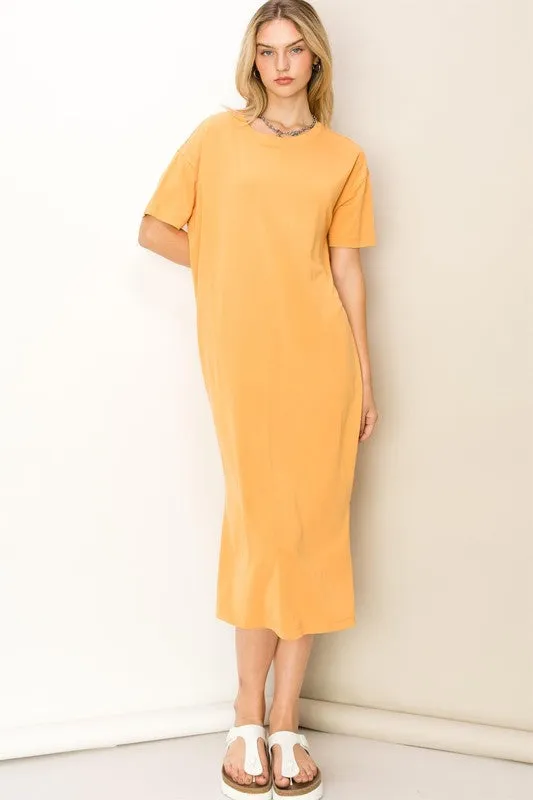 Caramel Take A Stroll Side Slit T-Shirt Midi Dress