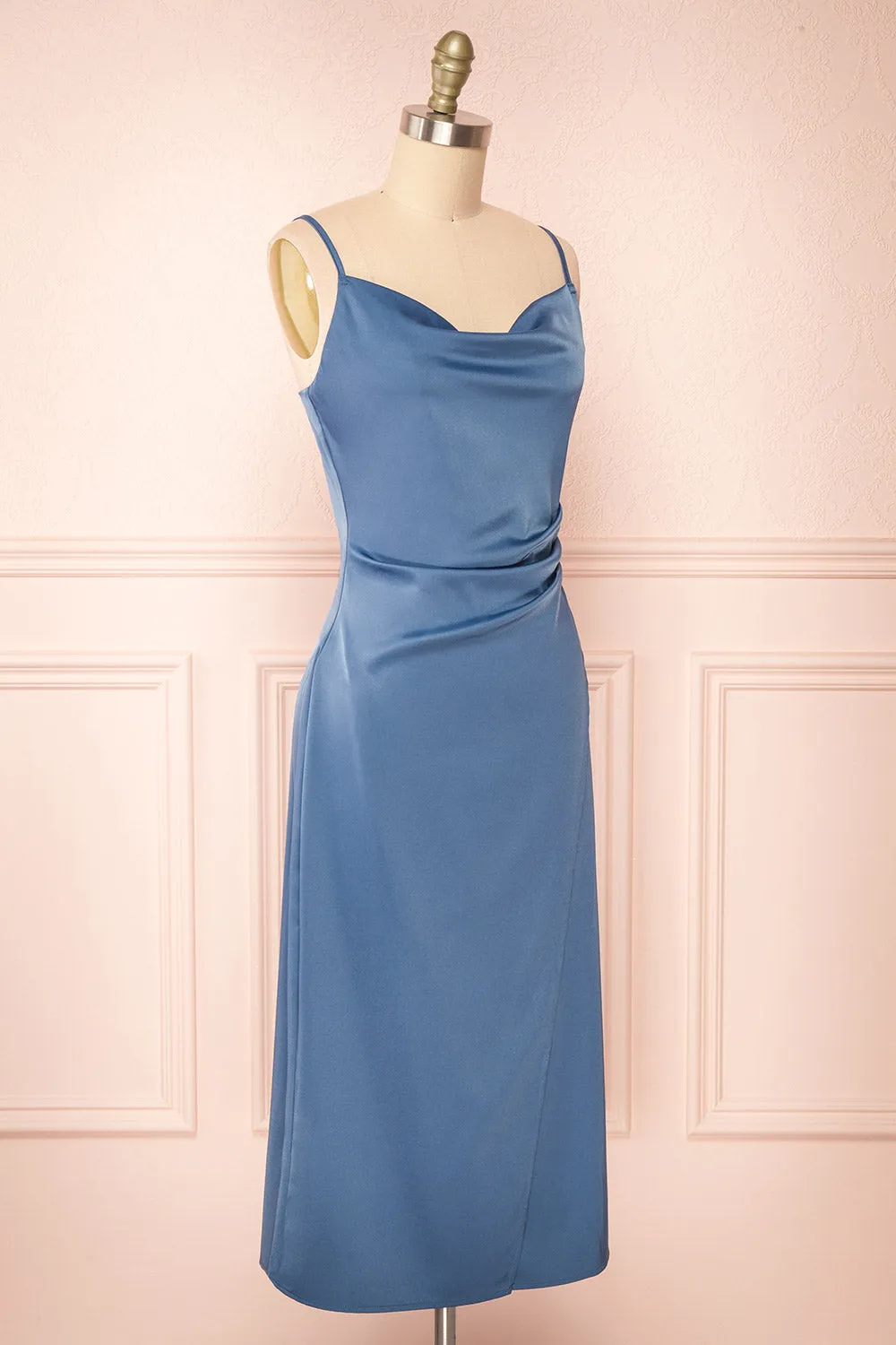 Chloe Blue | Cowl Neck Satin Midi Slip Dress