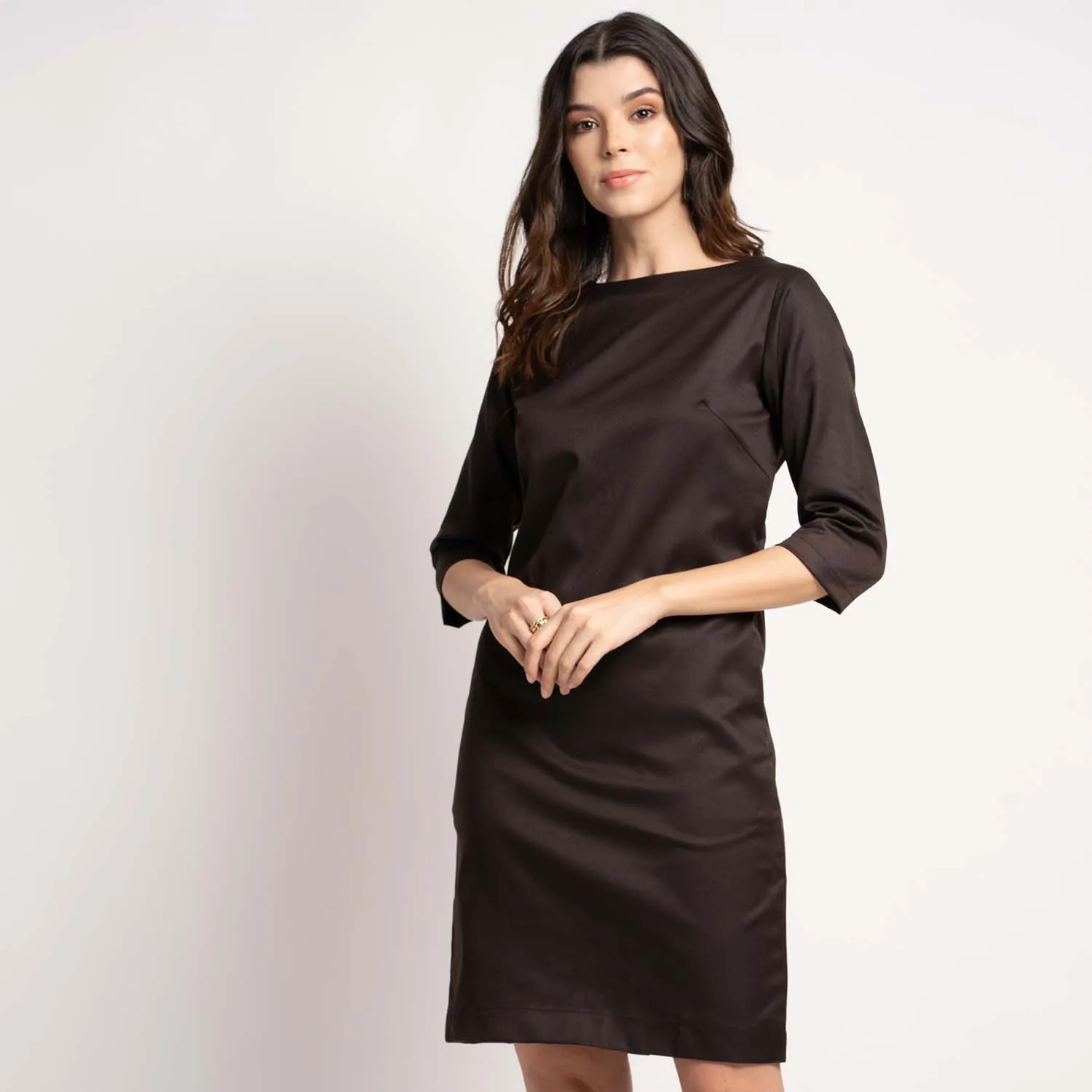 Chocolate Brown Poly Cotton Sheath Knee length Dress