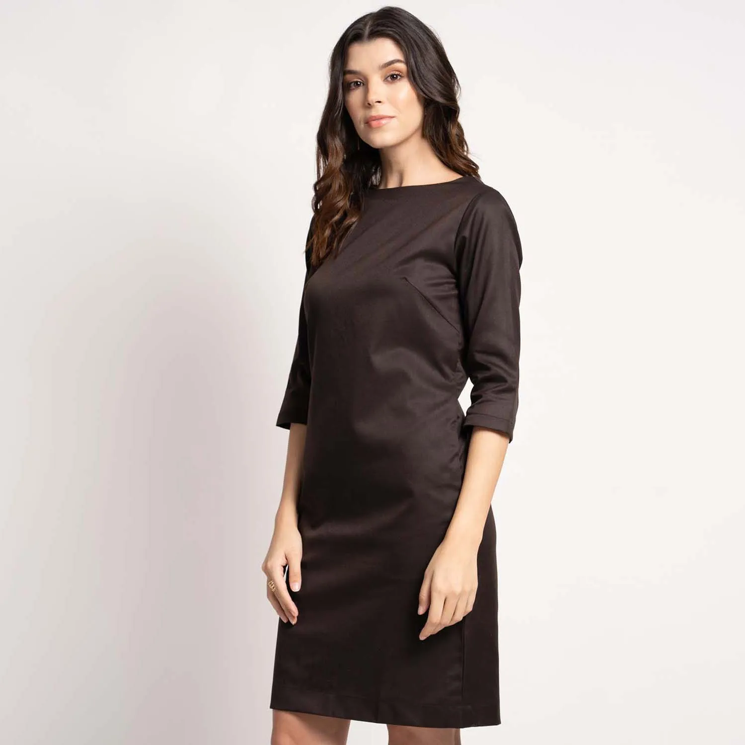 Chocolate Brown Poly Cotton Sheath Knee length Dress