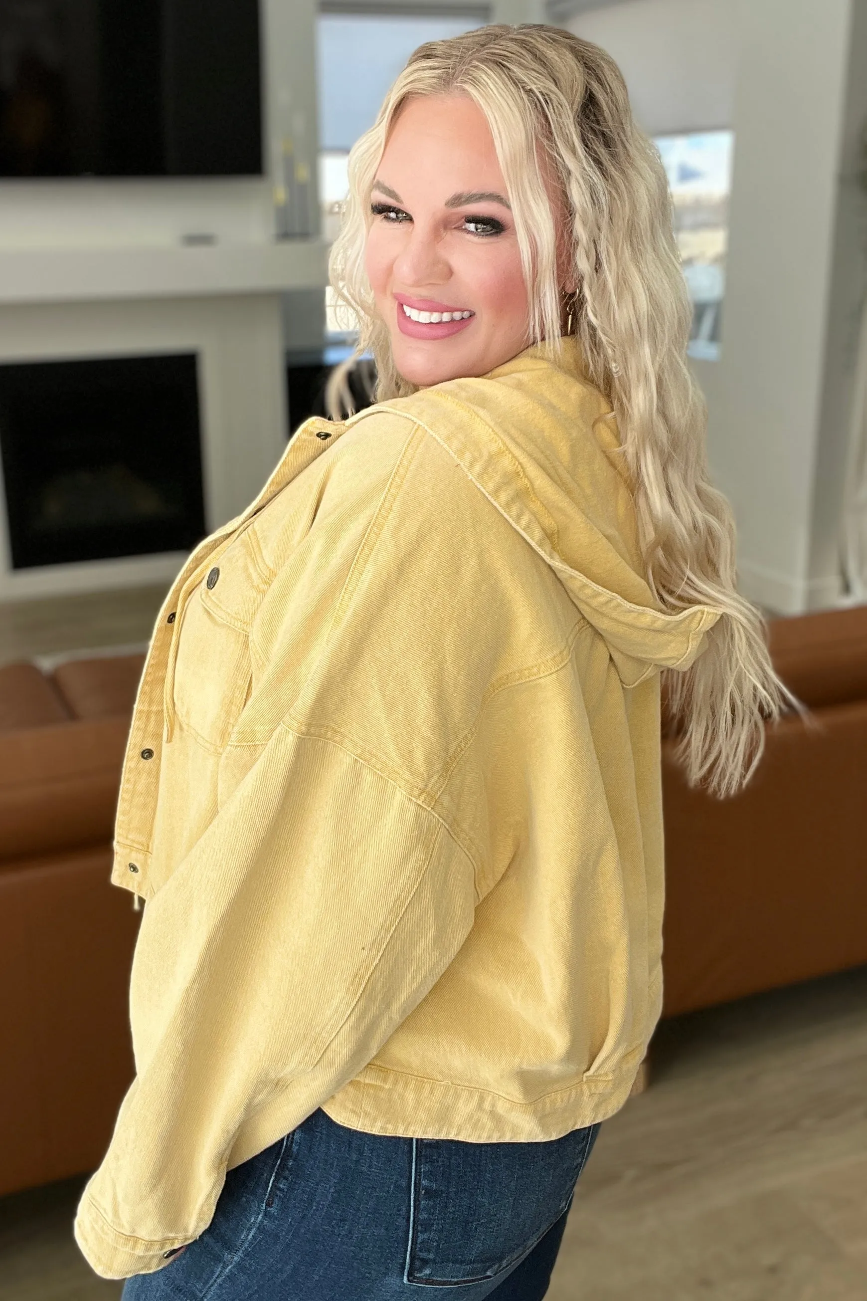 Cropped Hooded Denim Jacket in Mustard - GeeGee