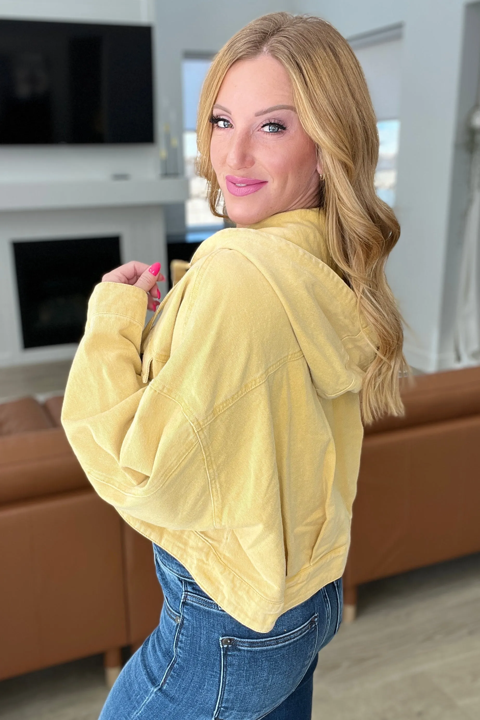 Cropped Hooded Denim Jacket in Mustard - GeeGee