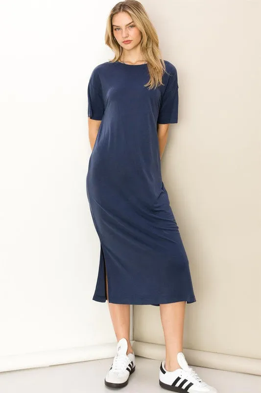 Dark Night Take A Stroll Side Slit T-Shirt Midi Dress