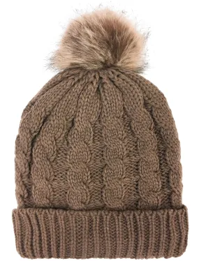 Devin Borg Lined Cable Knit Bobble Hat in Brown