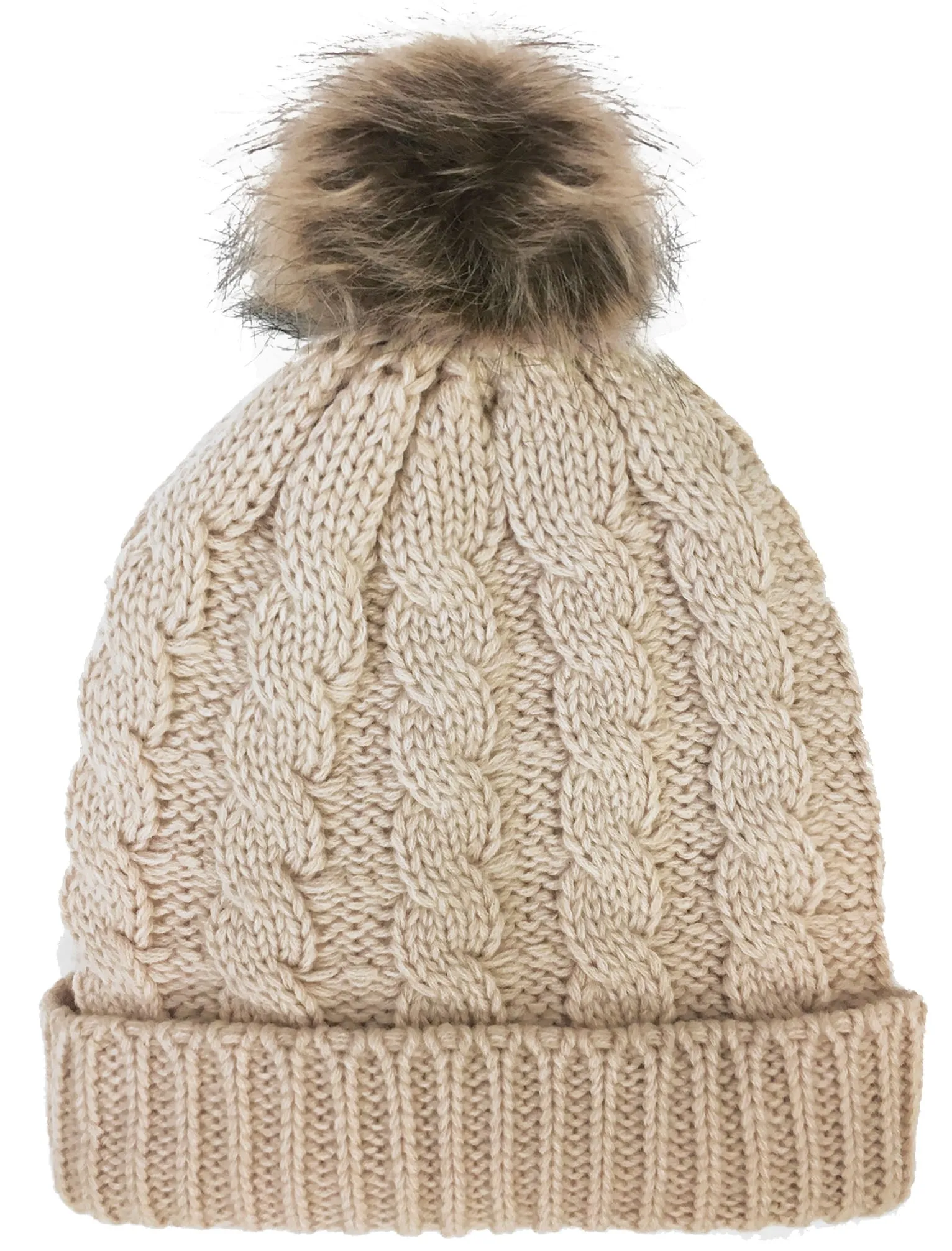 Devin Borg Lined Cable Knit Bobble Hat in Cream