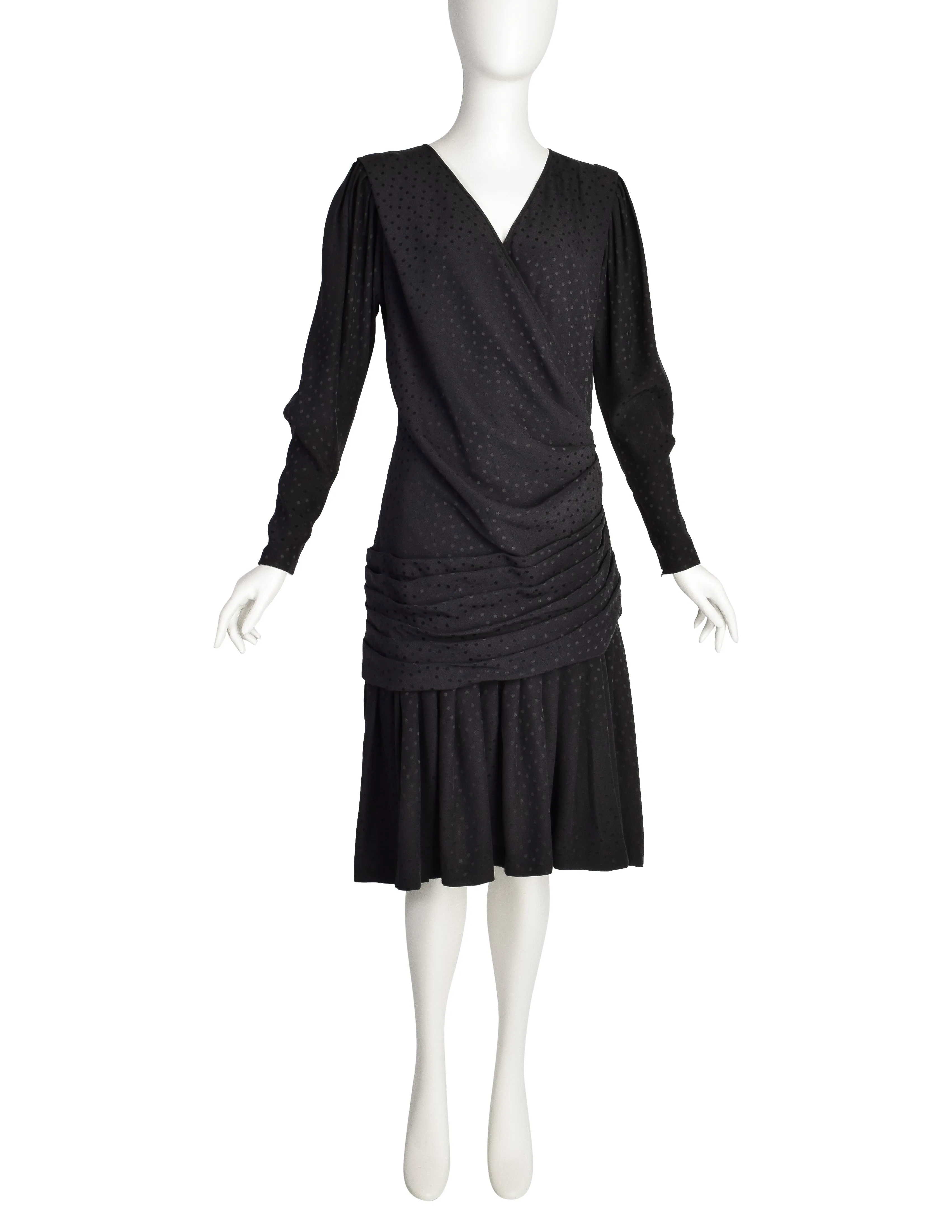 Emanuel Ungaro Vintage 1985 Black Polka Dot Silk Jacquard Draped Dress