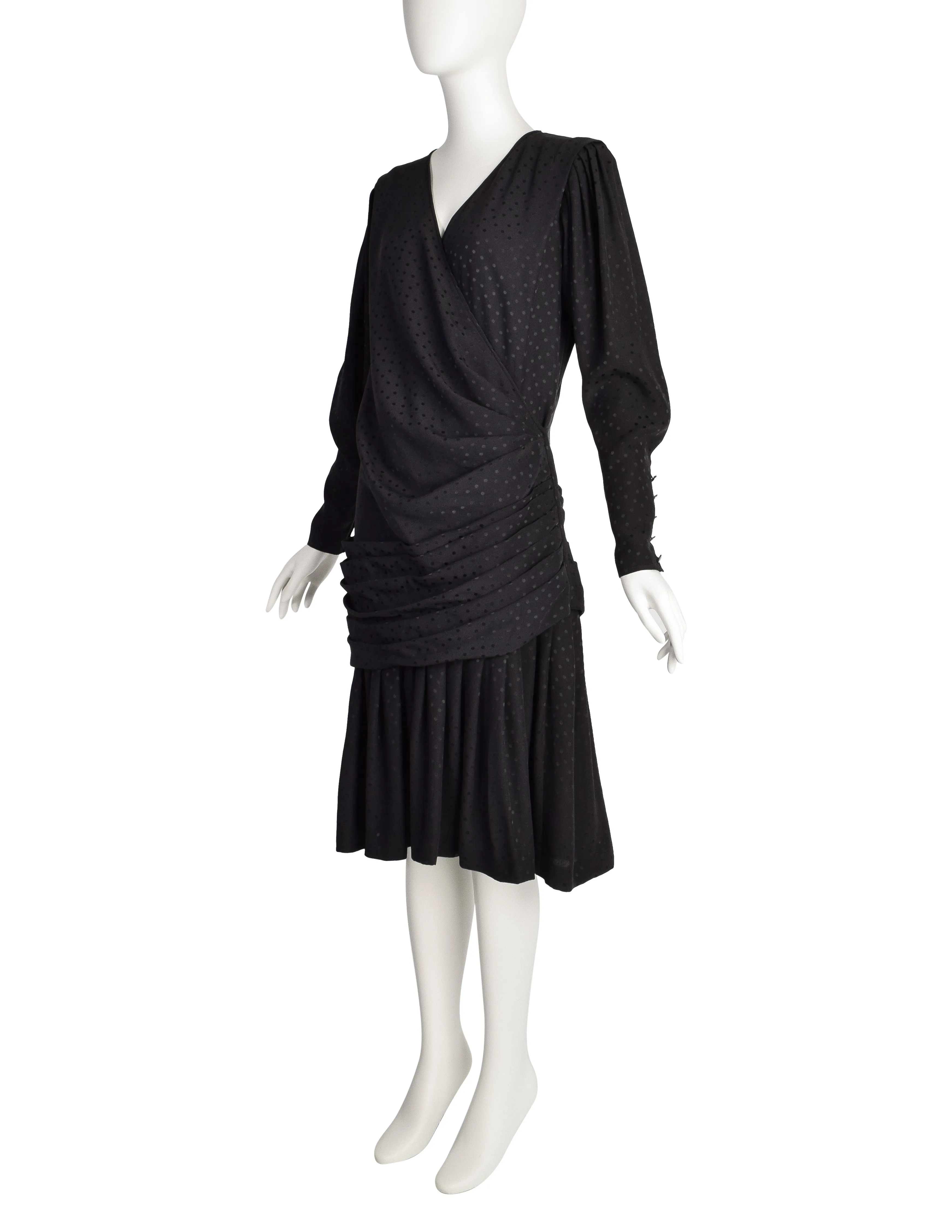 Emanuel Ungaro Vintage 1985 Black Polka Dot Silk Jacquard Draped Dress