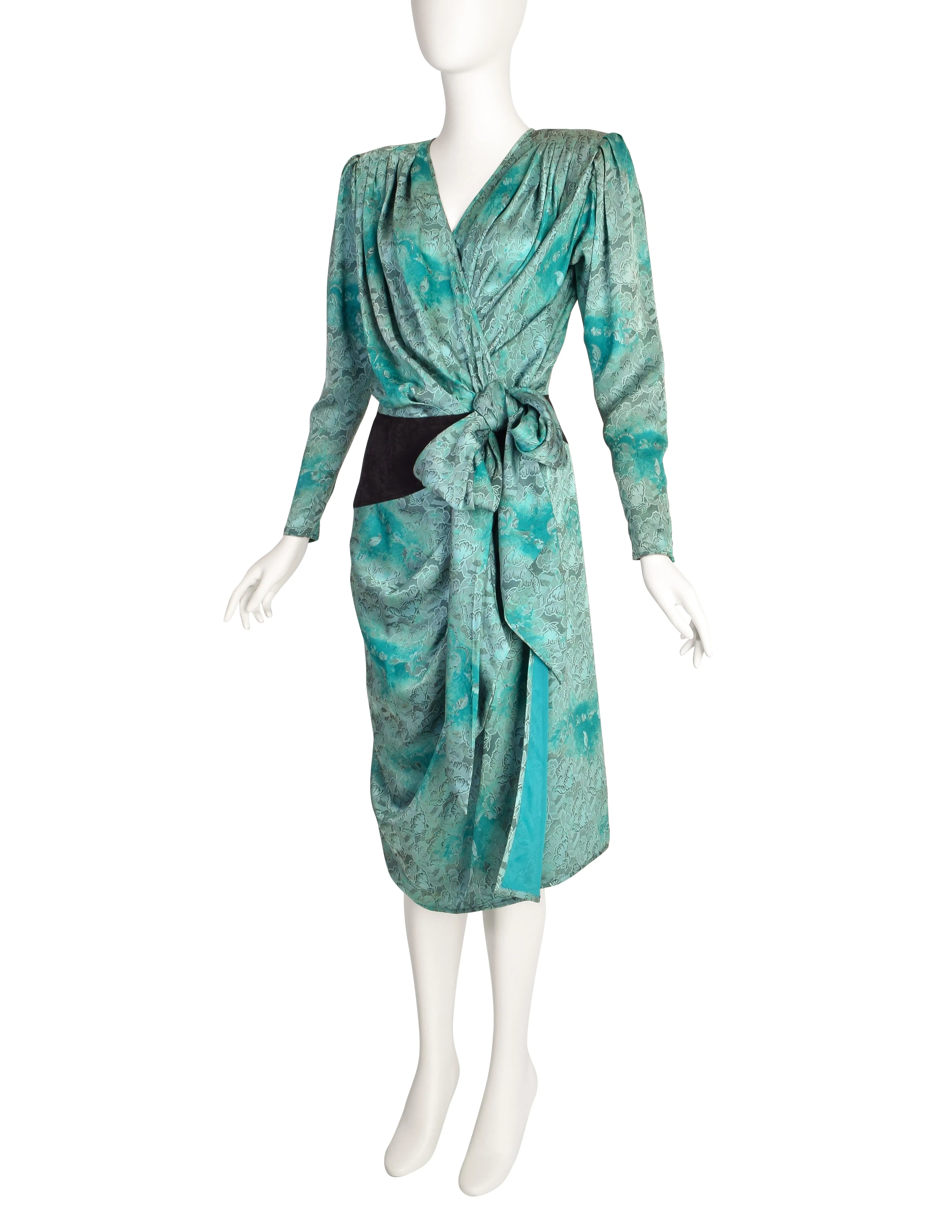 Emanuel Ungaro Vintage AW 1985 Mint Turquoise Black Floral Silk Jacquard Draped Wrap Dress