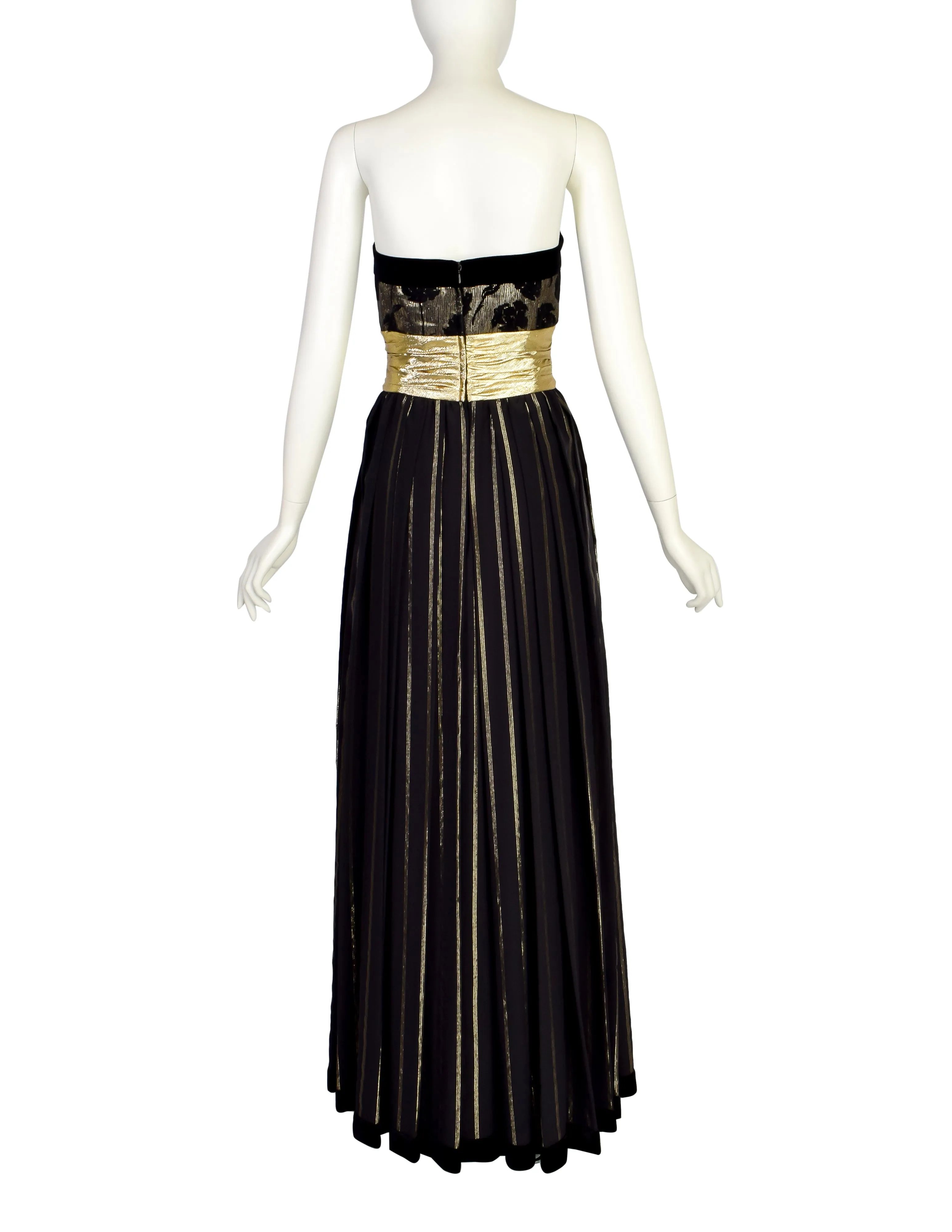 Escada Vintage Black and Gold Silk and Velvet Floral Striped Evening Gown Dress