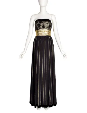 Escada Vintage Black and Gold Silk and Velvet Floral Striped Evening Gown Dress