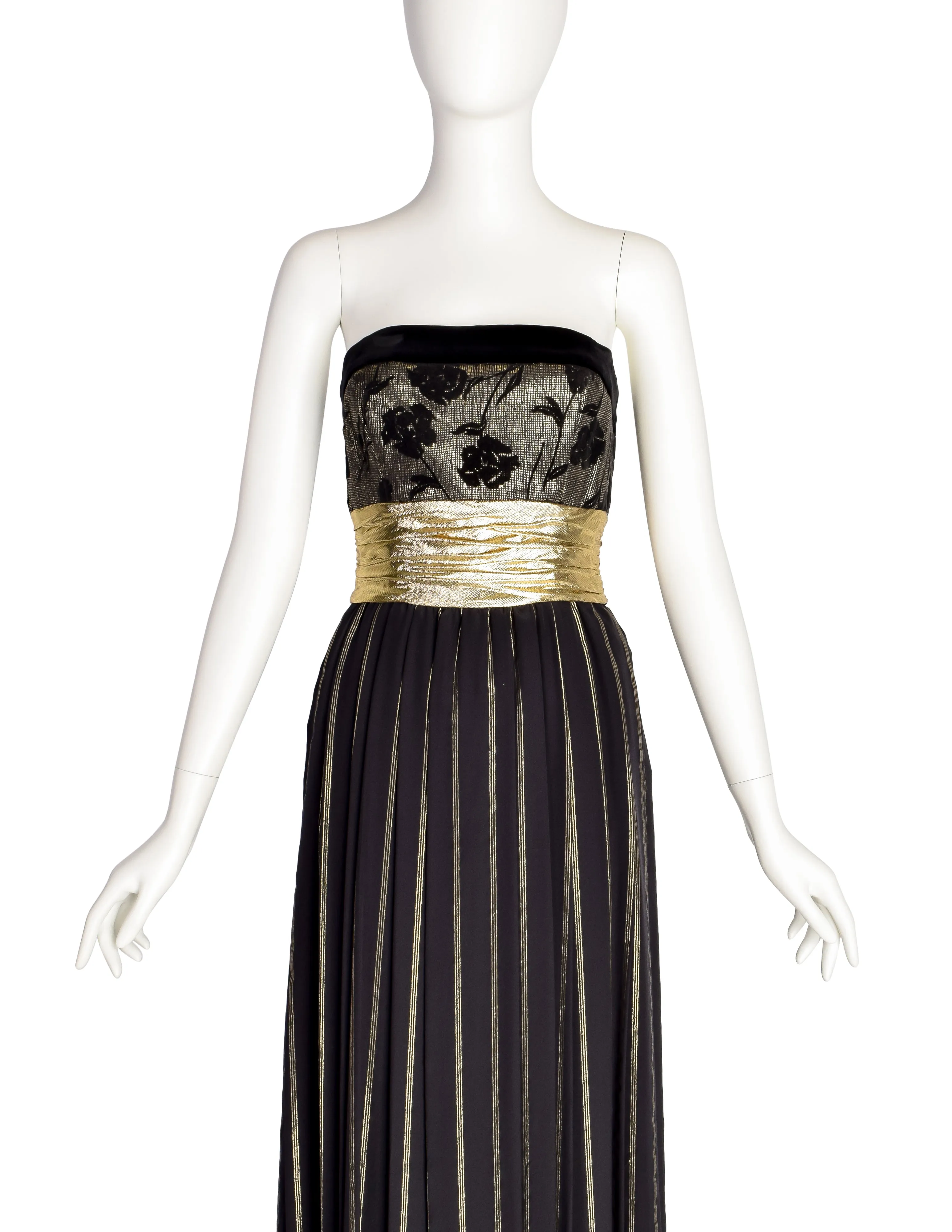 Escada Vintage Black and Gold Silk and Velvet Floral Striped Evening Gown Dress