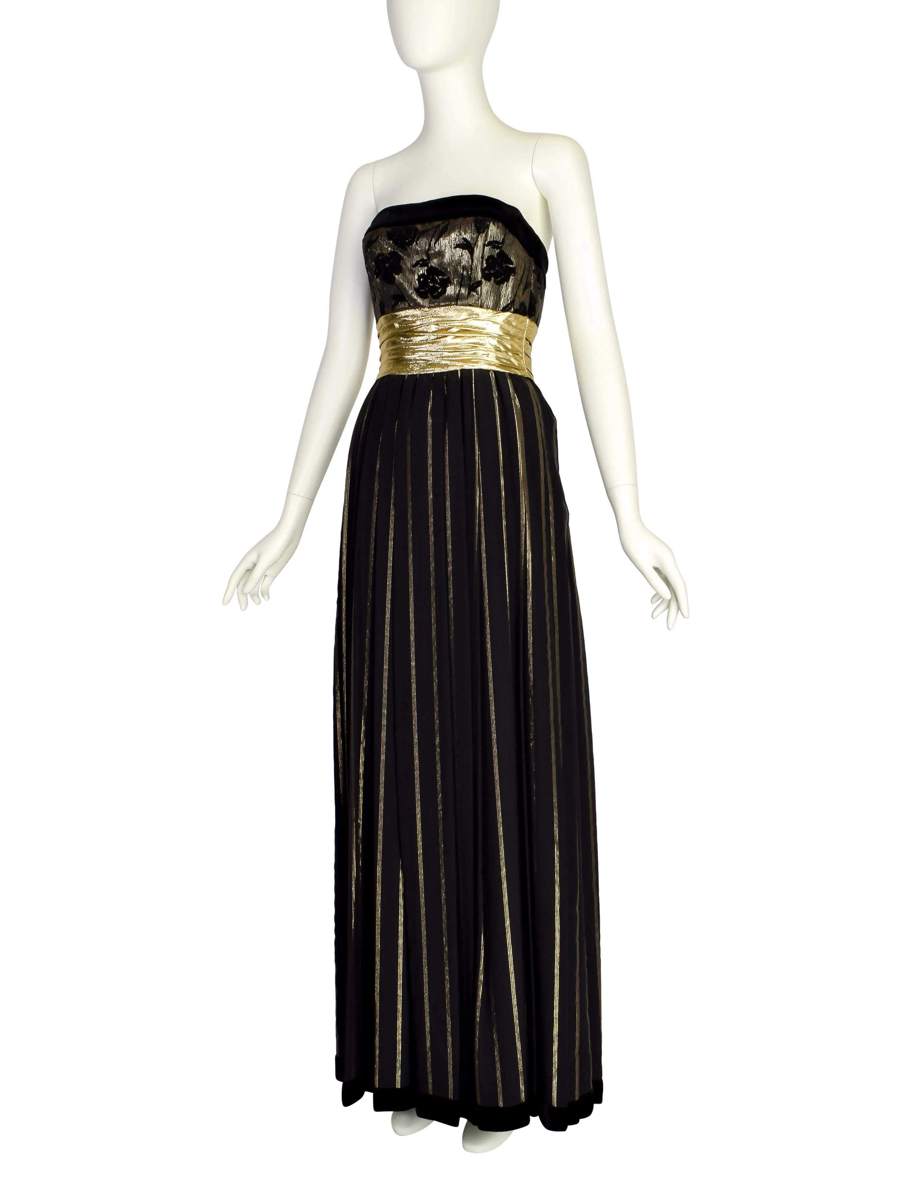 Escada Vintage Black and Gold Silk and Velvet Floral Striped Evening Gown Dress