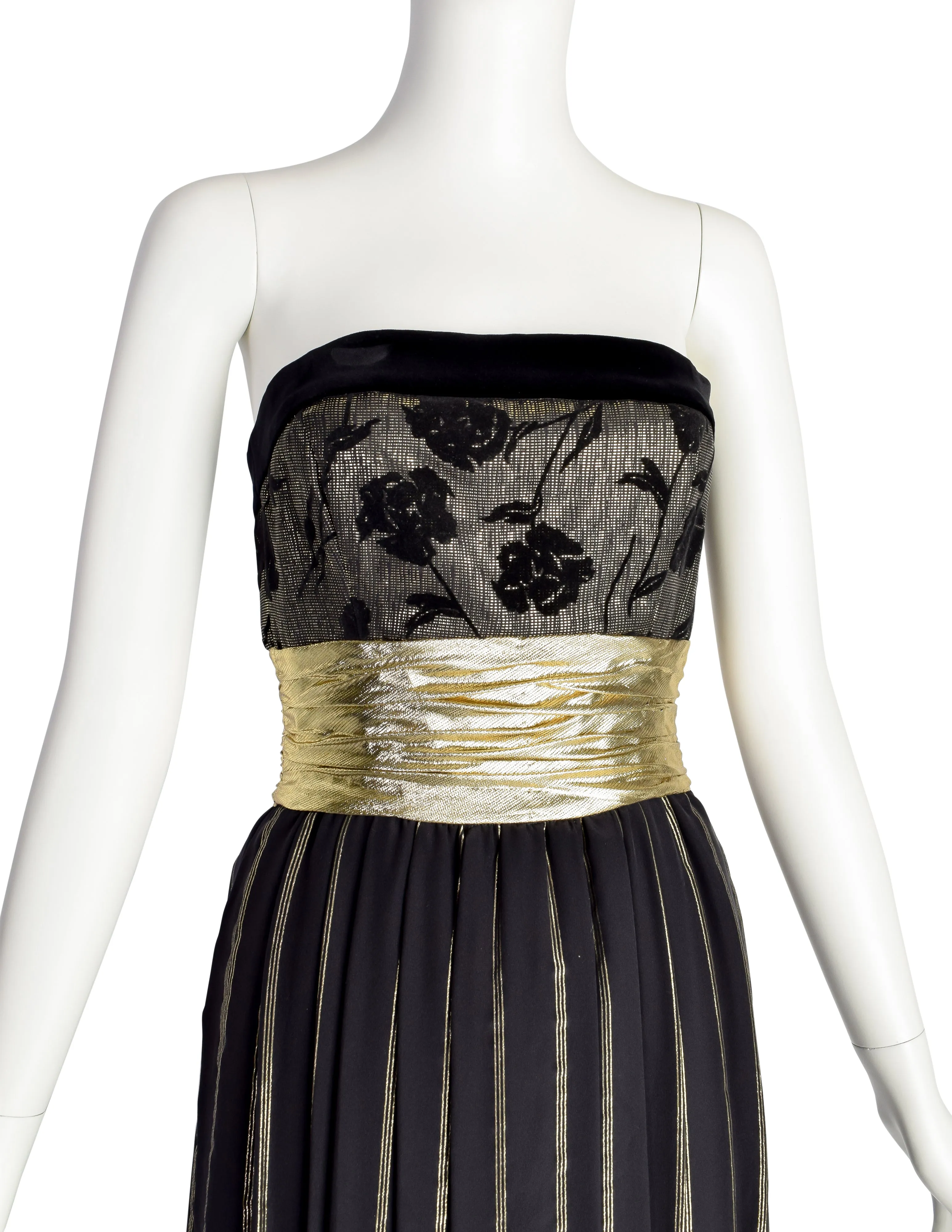 Escada Vintage Black and Gold Silk and Velvet Floral Striped Evening Gown Dress