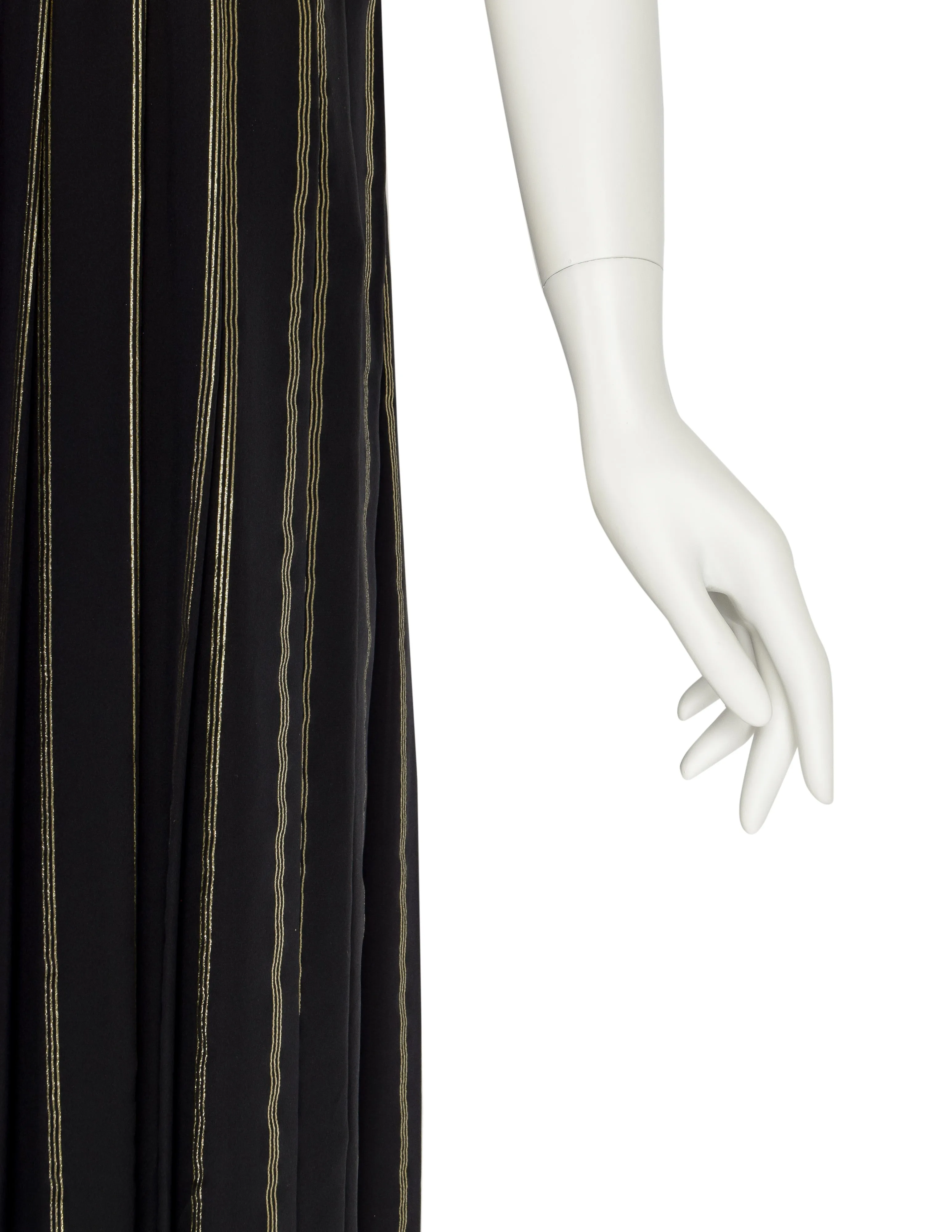 Escada Vintage Black and Gold Silk and Velvet Floral Striped Evening Gown Dress