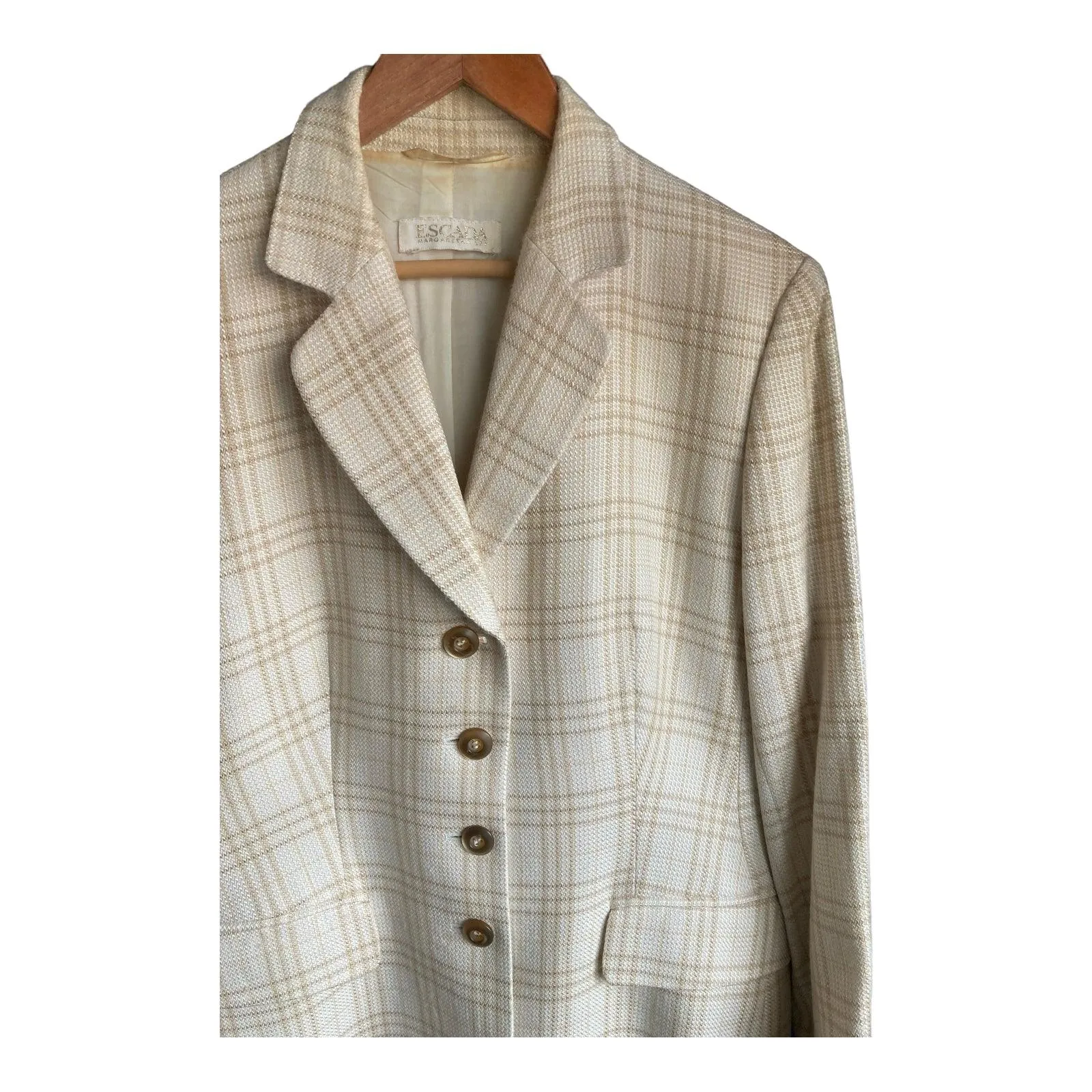 Escada Wool Blend Cream Checked Long Sleeved Jacket UK Size 16