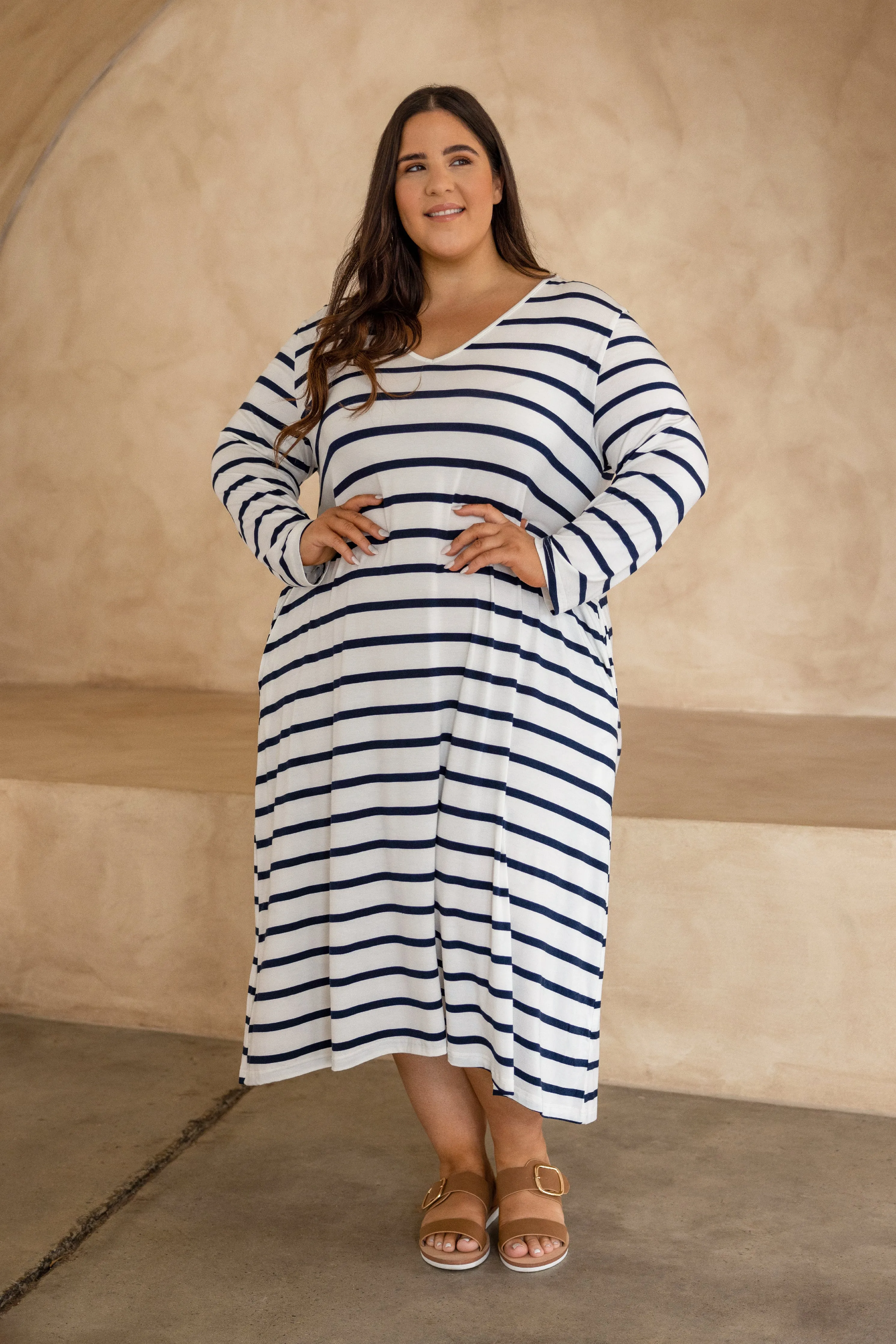 FINAL SALE Long Sleeve T-Shirt Dress in Navy Stripe