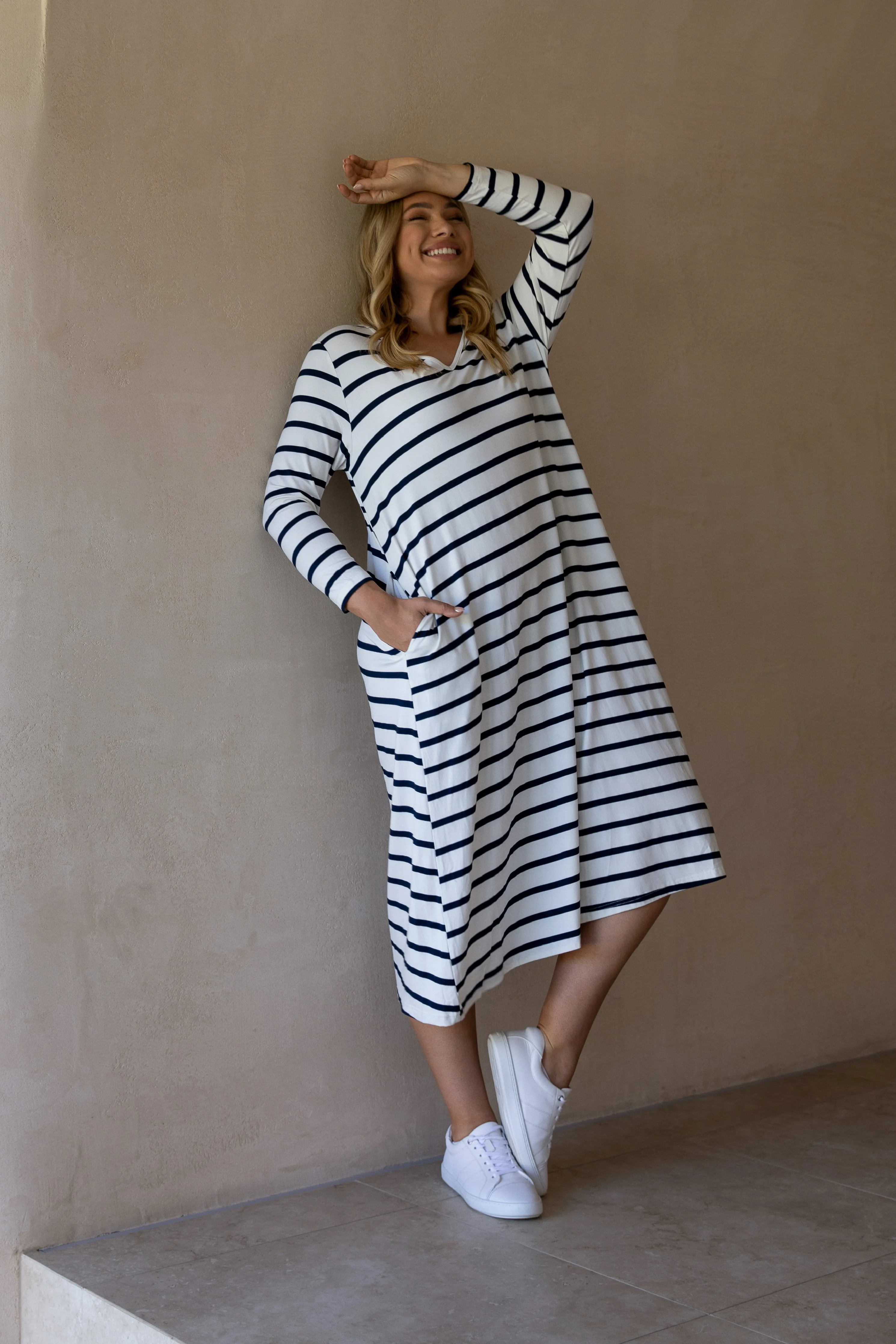 FINAL SALE Long Sleeve T-Shirt Dress in Navy Stripe