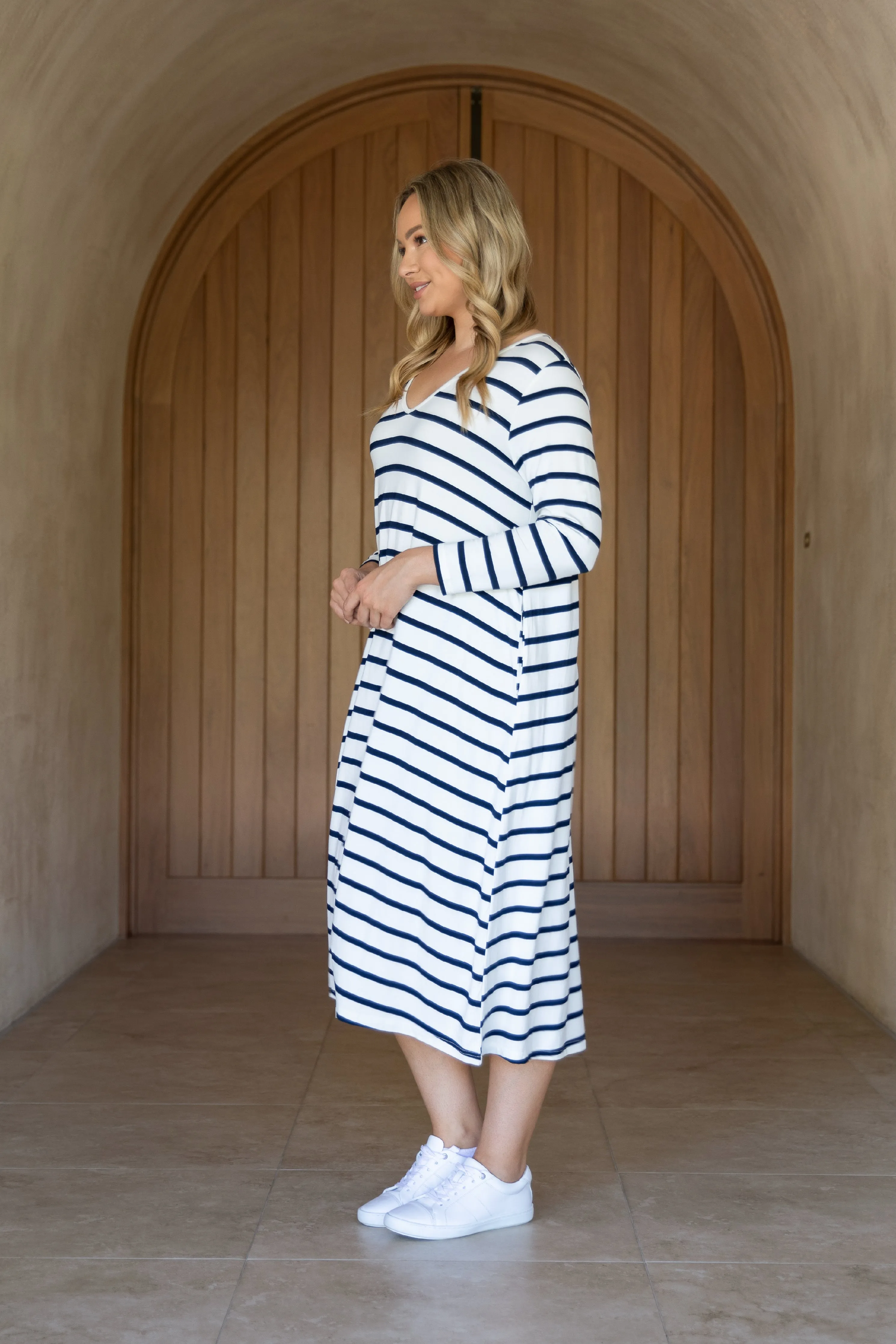 FINAL SALE Long Sleeve T-Shirt Dress in Navy Stripe