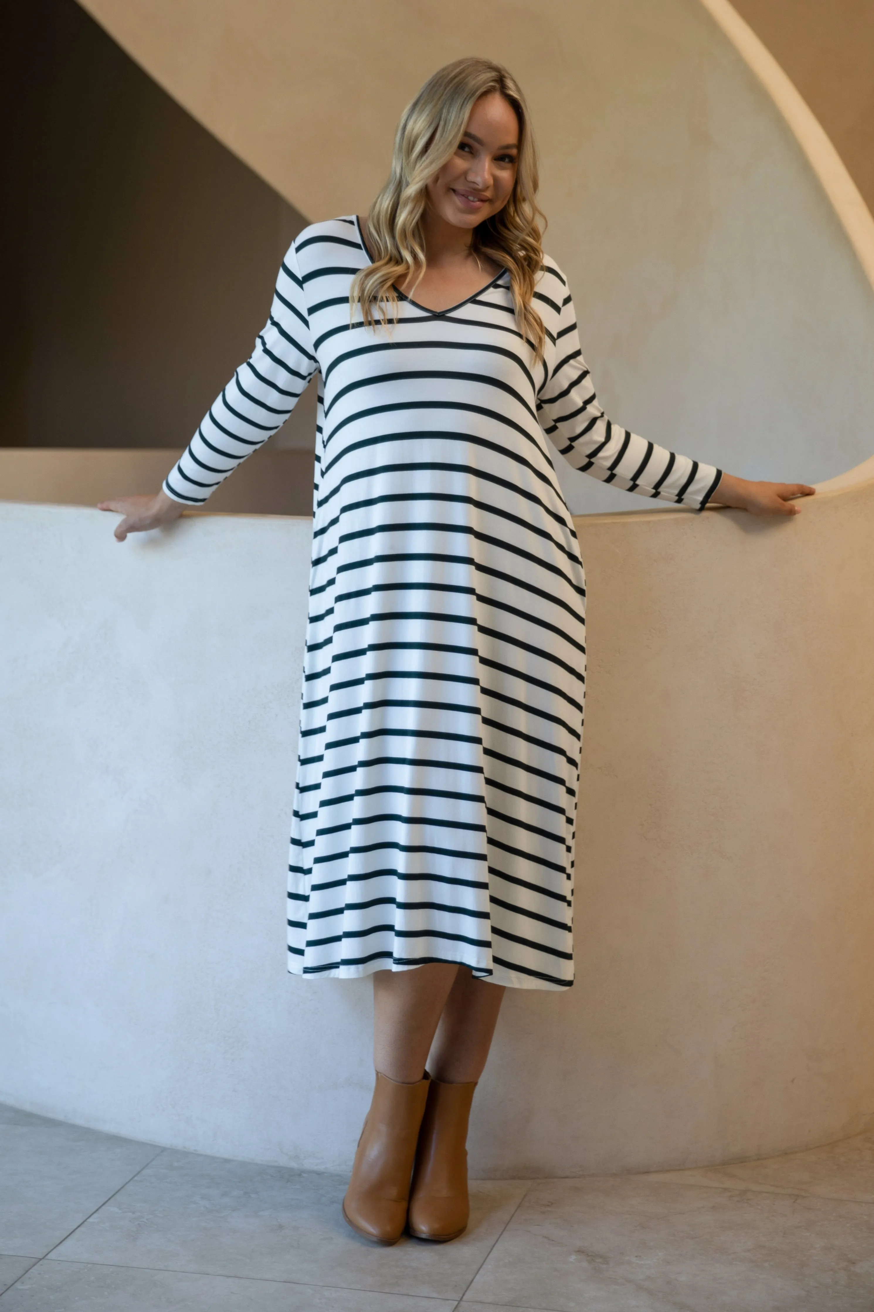 FINAL SALE Long Sleeve T-Shirt Dress in Pistachio Stripe