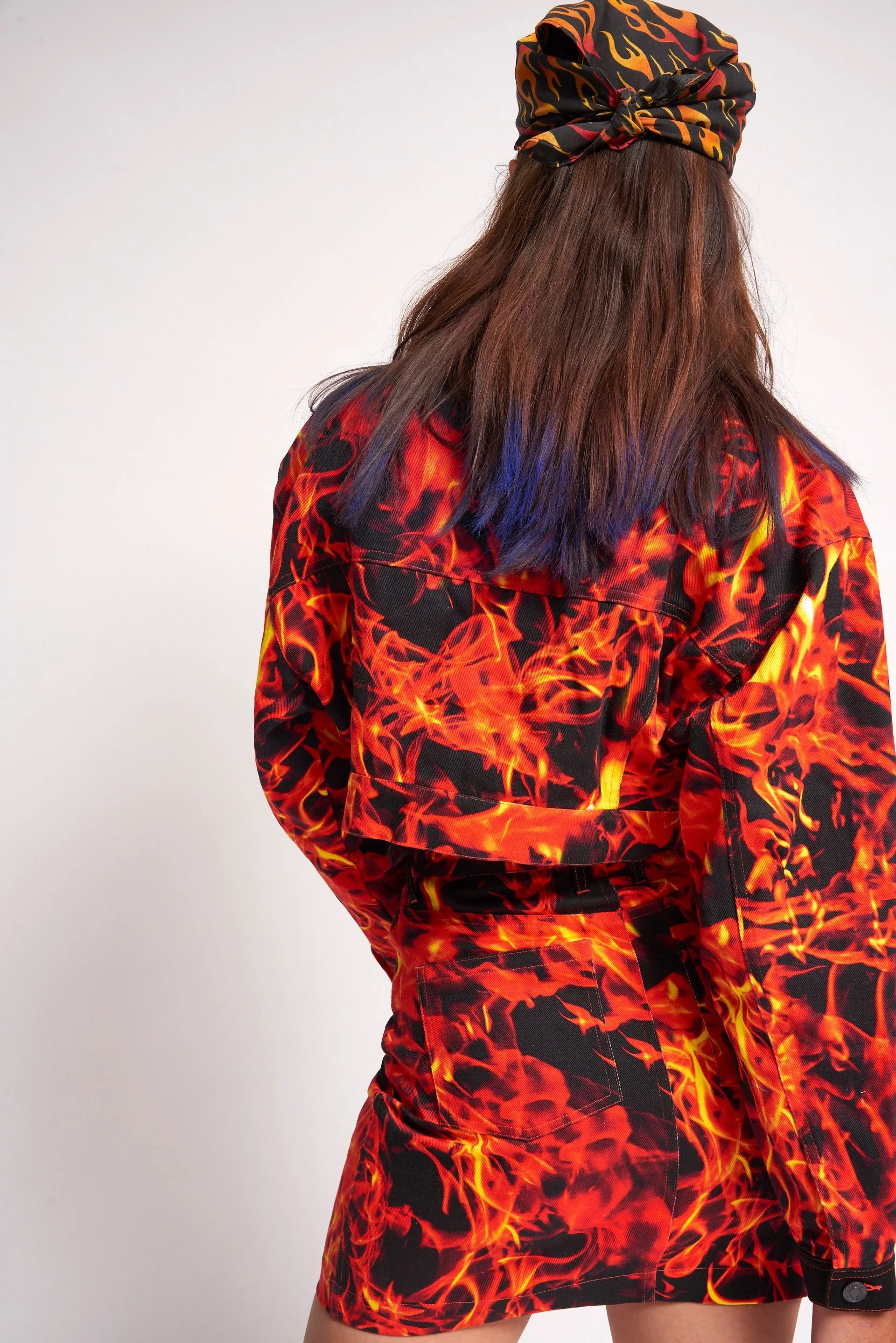 Flame Print Cropped Denim Jacket