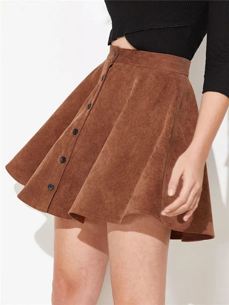 Flare Corduroy Mini Pleated Skirt with Button Up