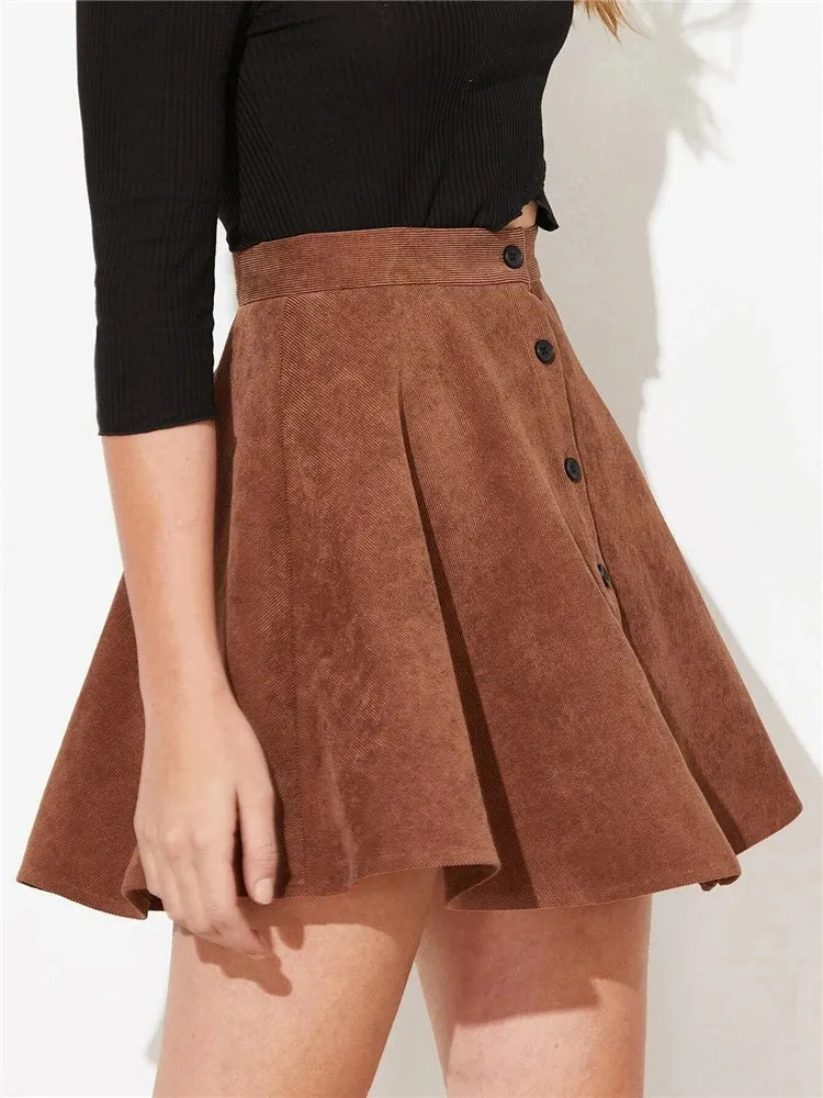 Flare Corduroy Mini Pleated Skirt with Button Up