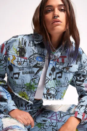 Graffiti Print Cropped Denim Jacket