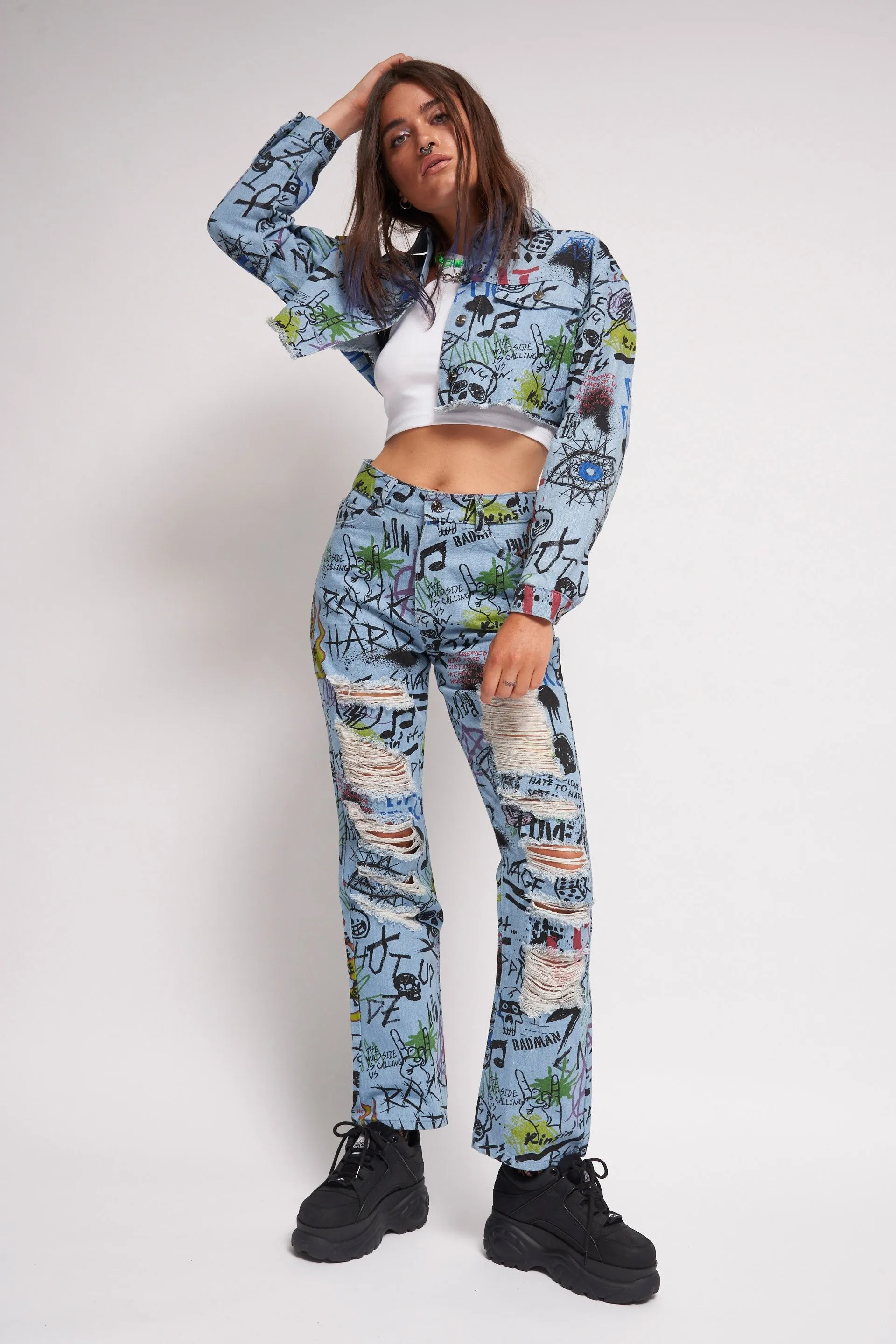 Graffiti Print Cropped Denim Jacket