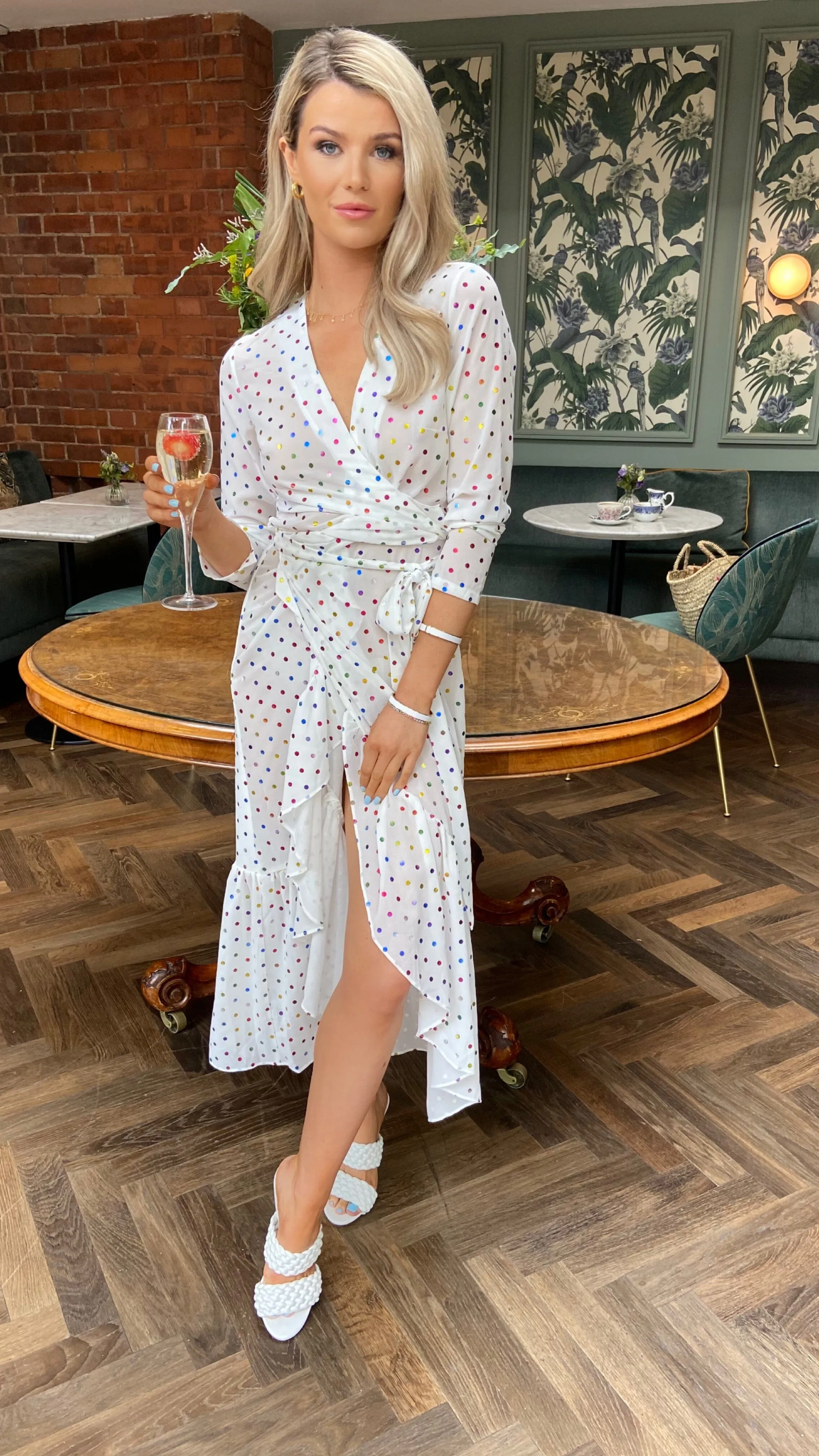 HAILEY WHITE WRAP DRESS WITH RAINBOW DOT PRINT