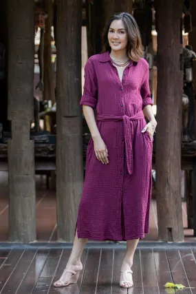 Handmade Belted Cotton Shirtwaist Dress from Thailand - Street Smarts in Mulberry | NOVICA