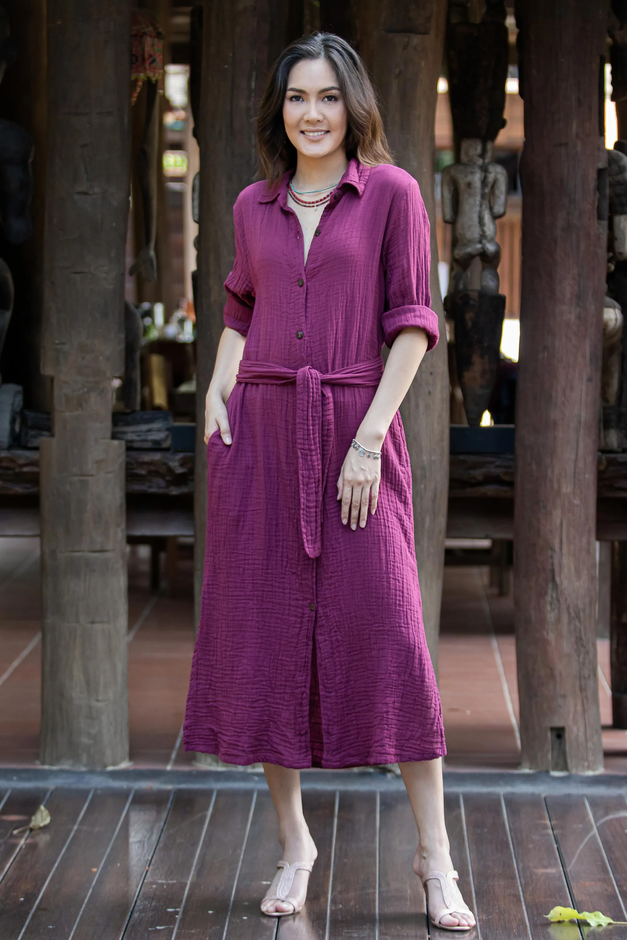 Handmade Belted Cotton Shirtwaist Dress from Thailand - Street Smarts in Mulberry | NOVICA