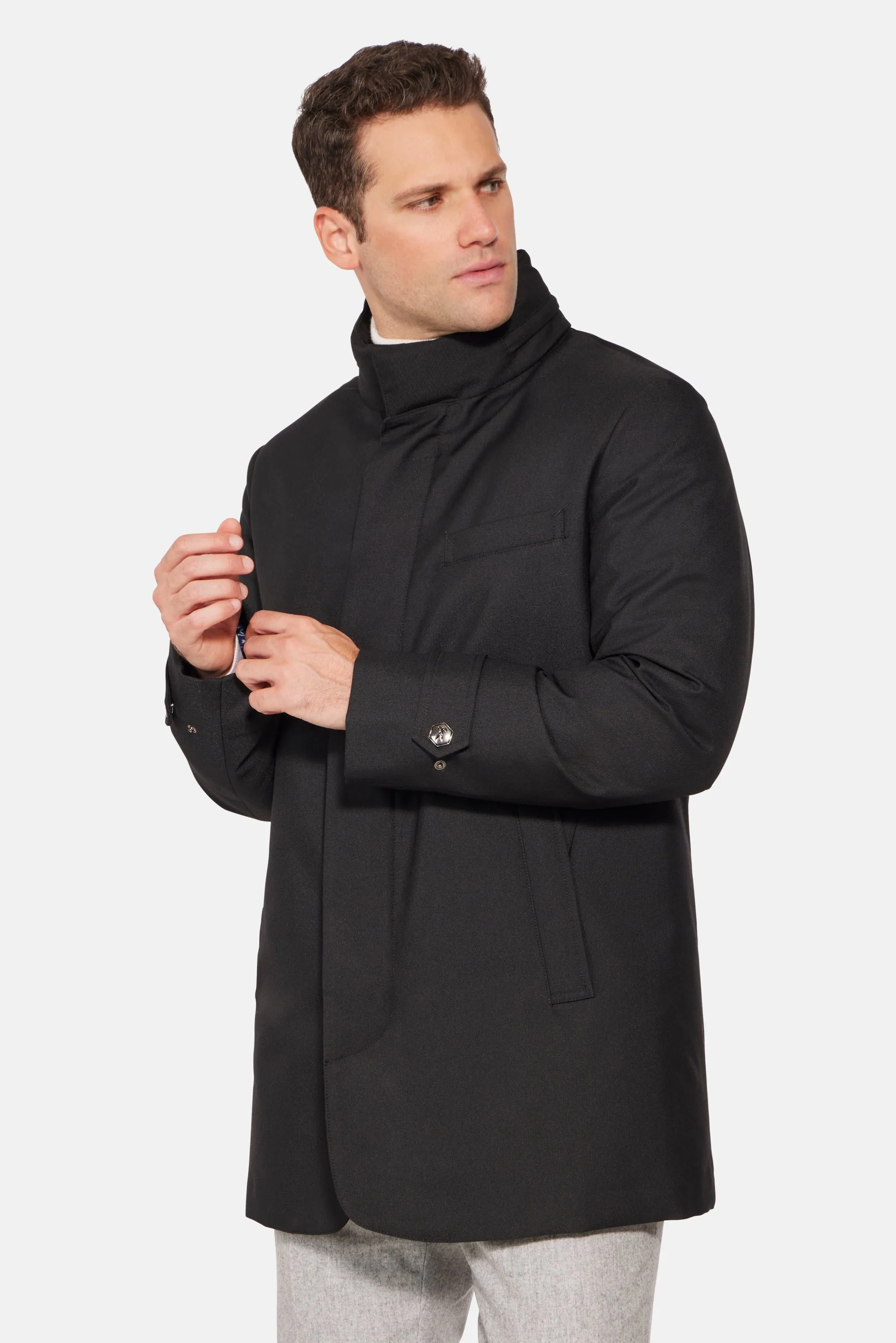 Hooded Wool Twill Car Coat, Black