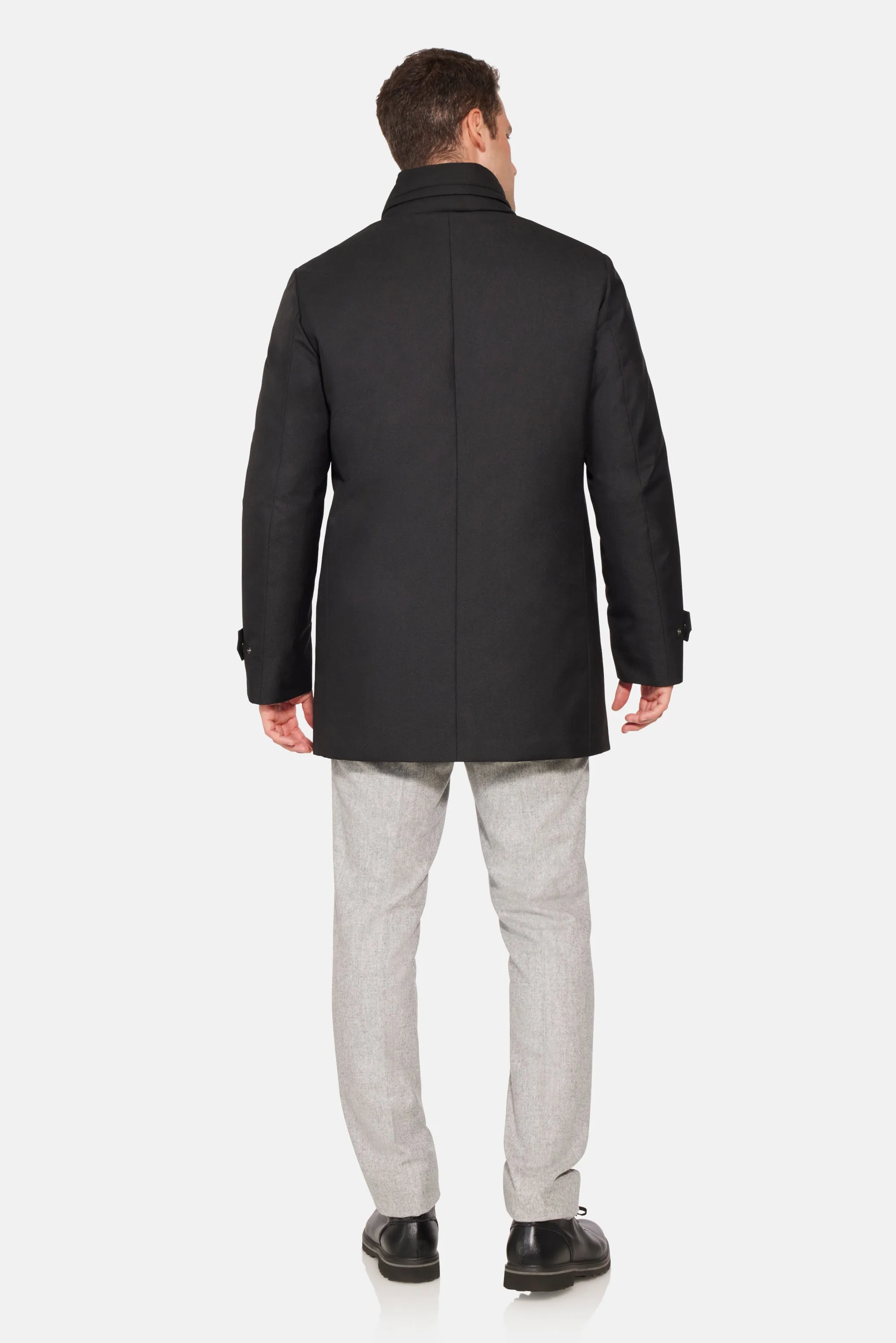 Hooded Wool Twill Car Coat, Black