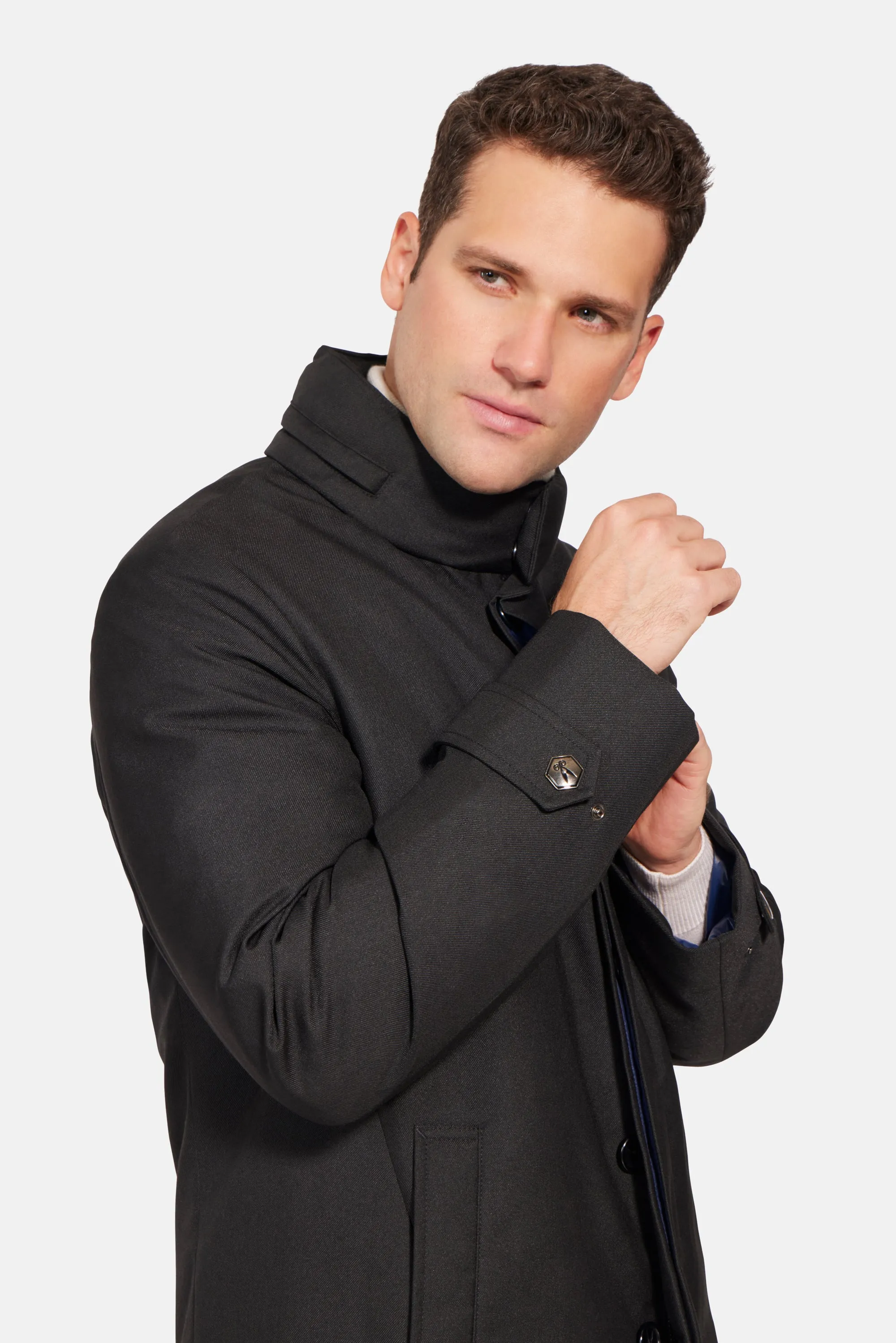 Hooded Wool Twill Car Coat, Black