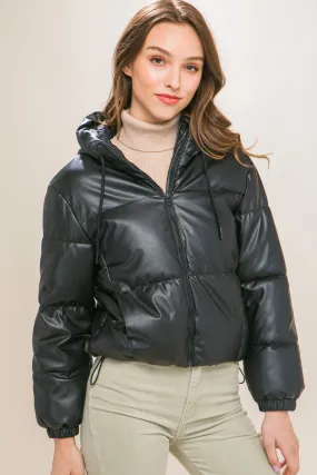 Hot Girl Faux Leather Zipper Hooded Puffer Jacket In Black