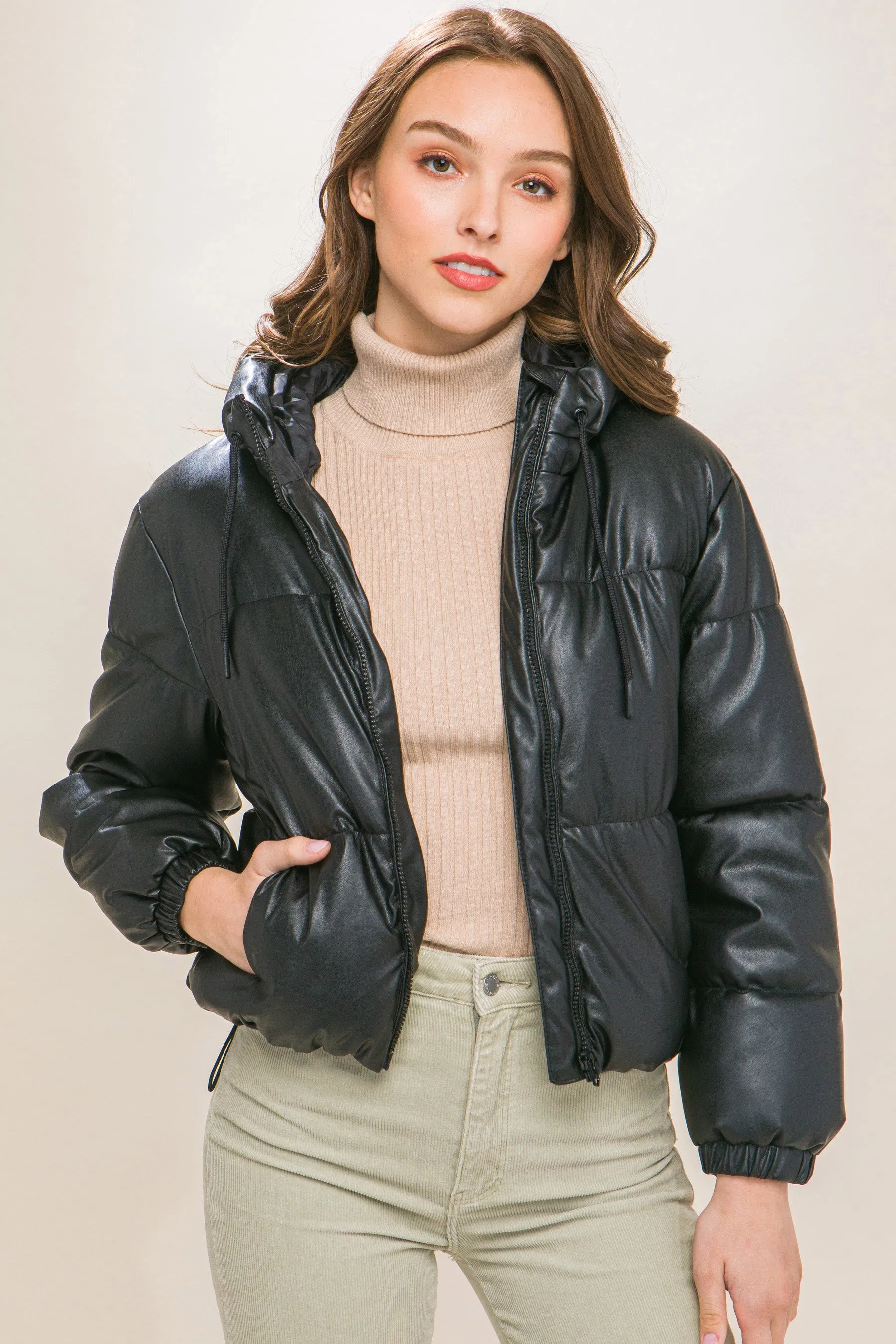 Hot Girl Faux Leather Zipper Hooded Puffer Jacket In Black