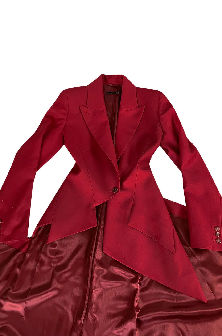 Important Fall 1999 Alexander McQueen 'The Overlook' Immaculately Tailored Rare Red Fantail Coat