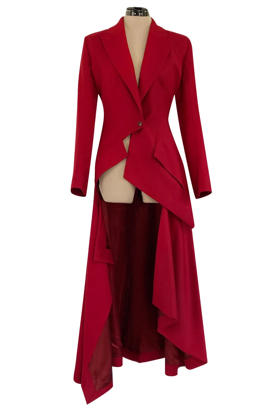 Important Fall 1999 Alexander McQueen 'The Overlook' Immaculately Tailored Rare Red Fantail Coat